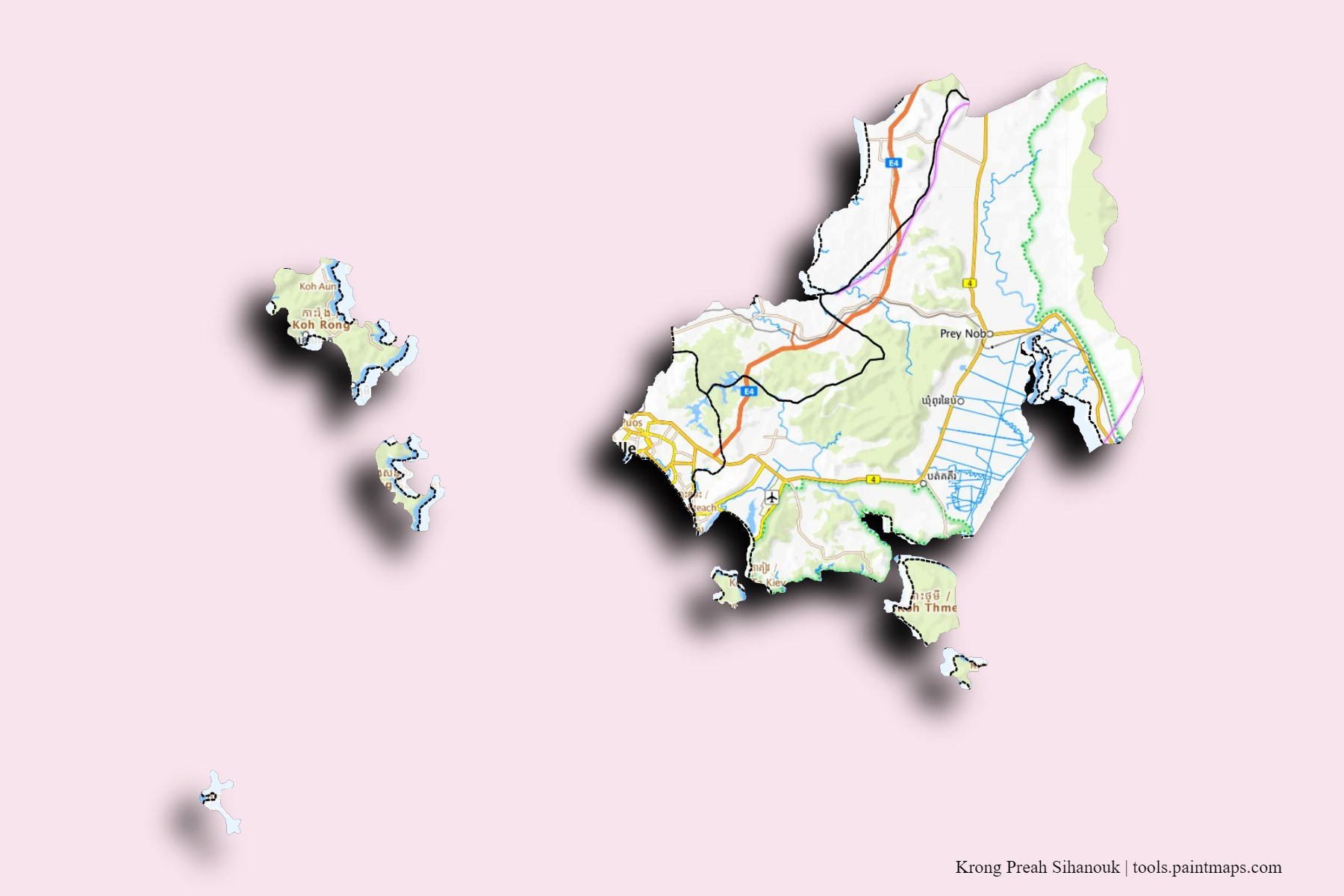 Preah Seihanu and counties map with 3D shadow effect