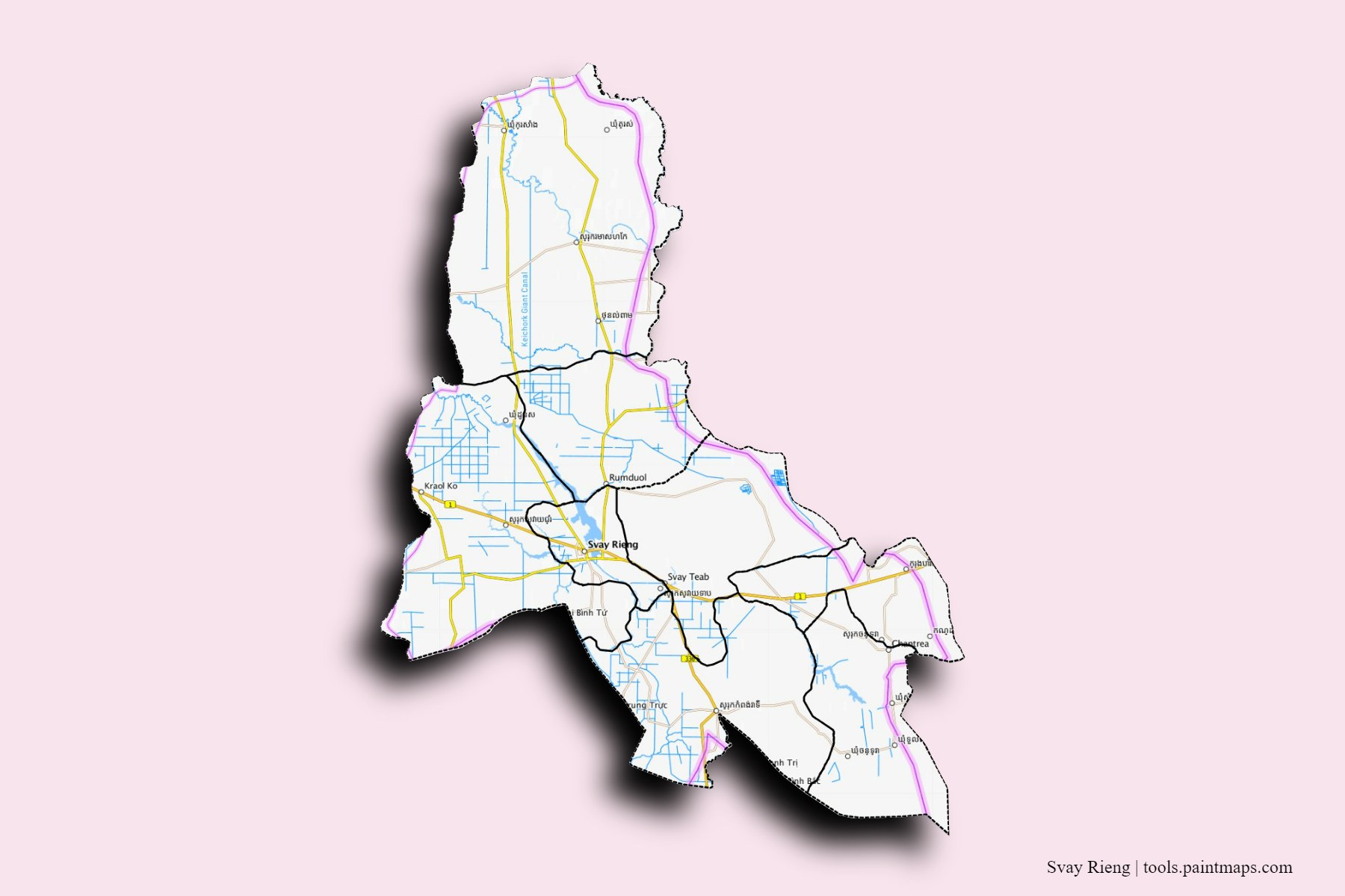 Svay Rieng and counties map with 3D shadow effect