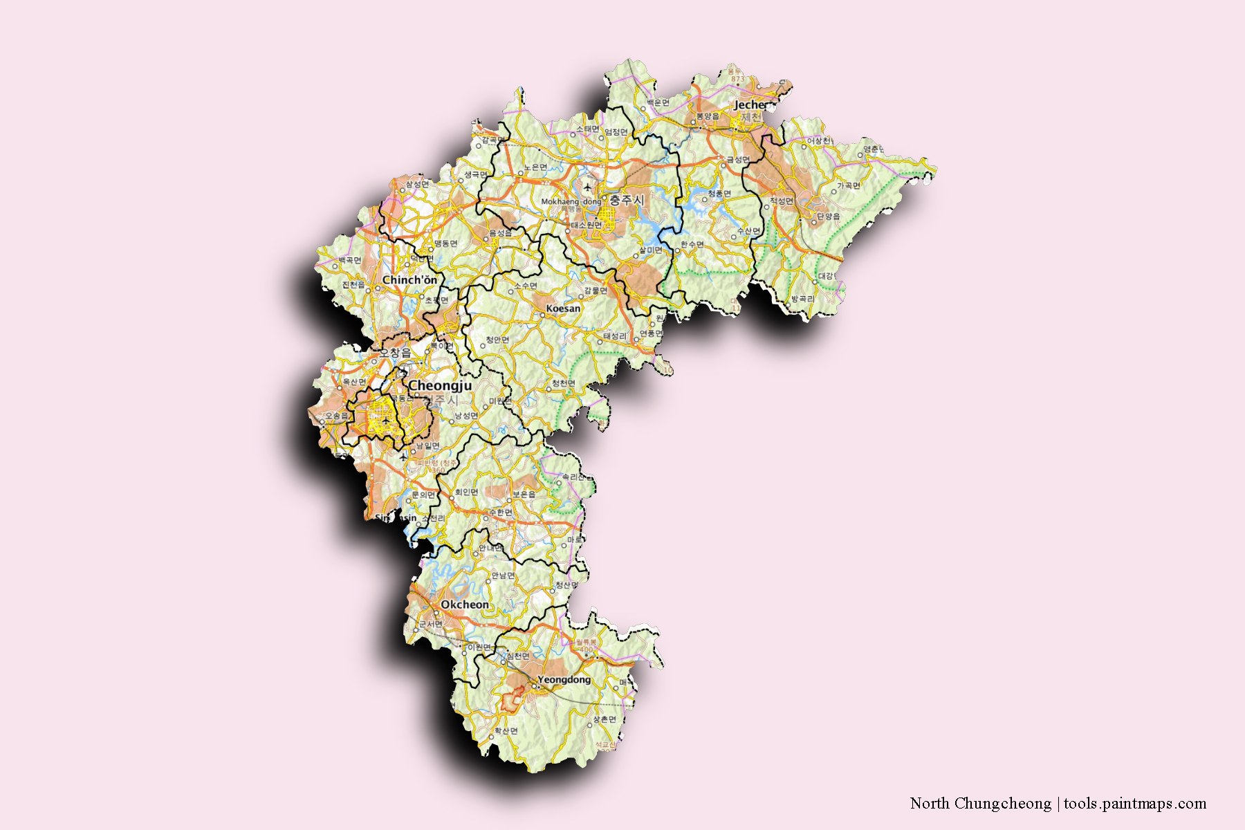 Chungcheongbuk-Do and counties map with 3D shadow effect