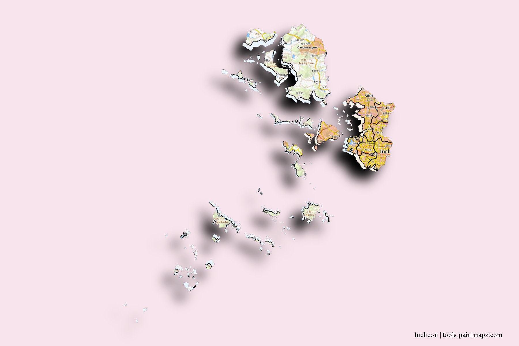 Incheon and counties map with 3D shadow effect