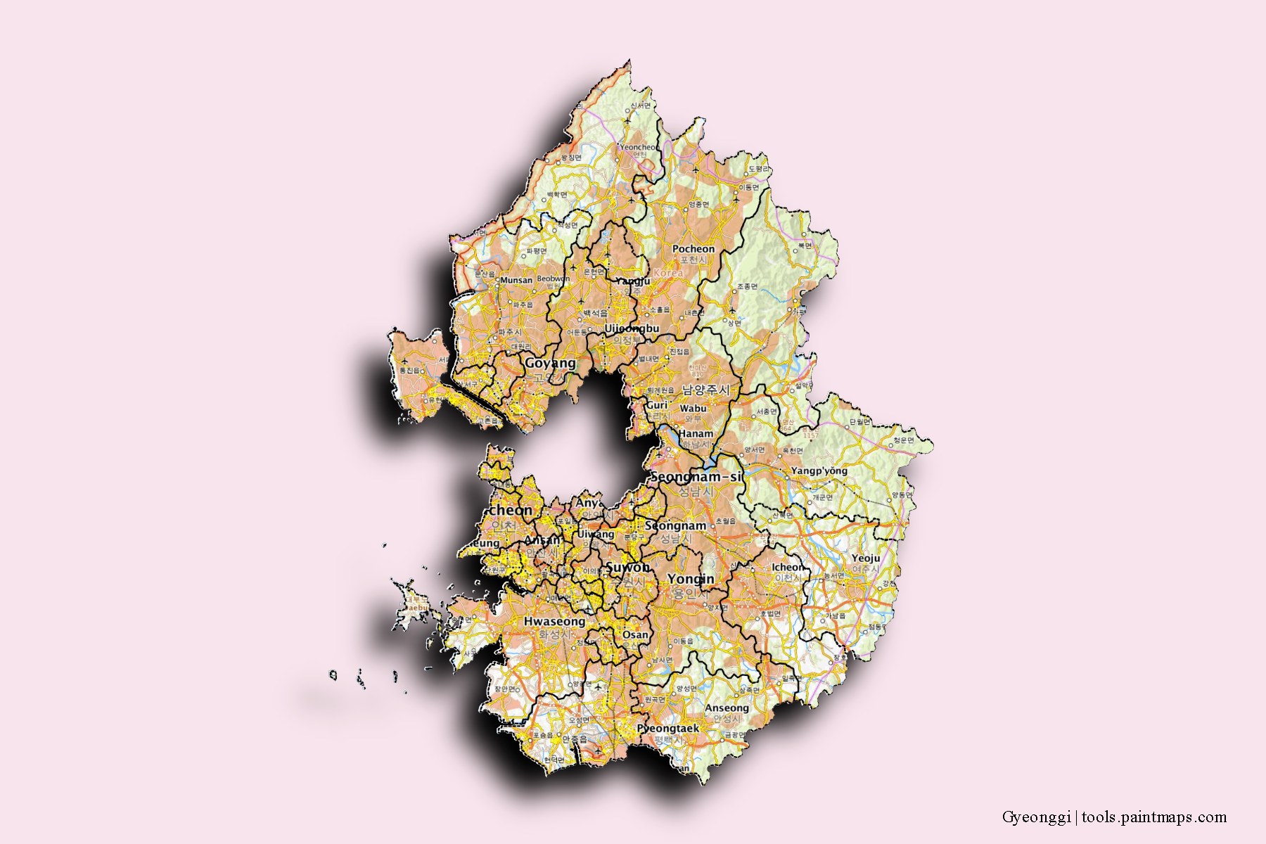 Kyeongki-Do and counties map with 3D shadow effect