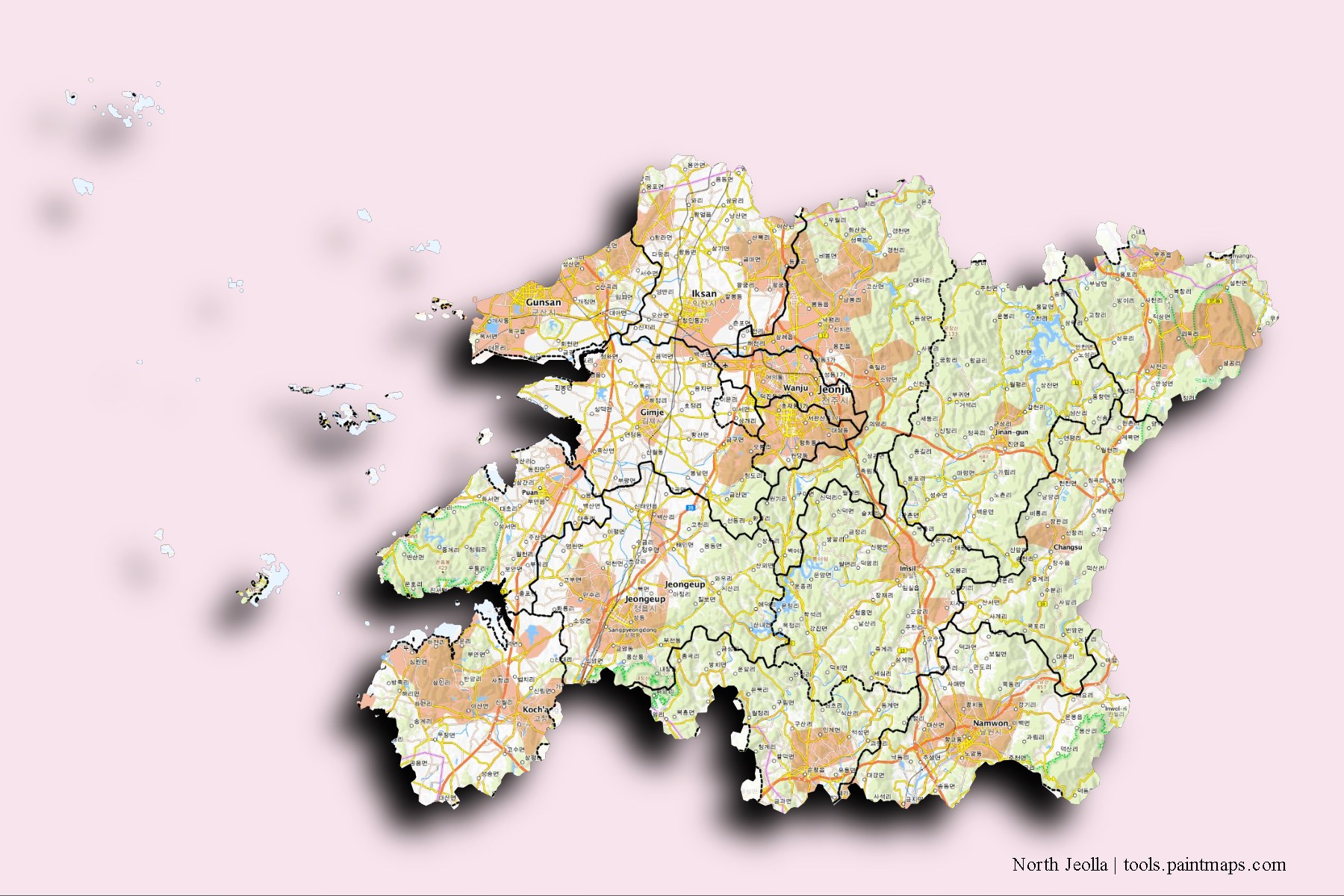 Jeollabuk-Do and counties map with 3D shadow effect