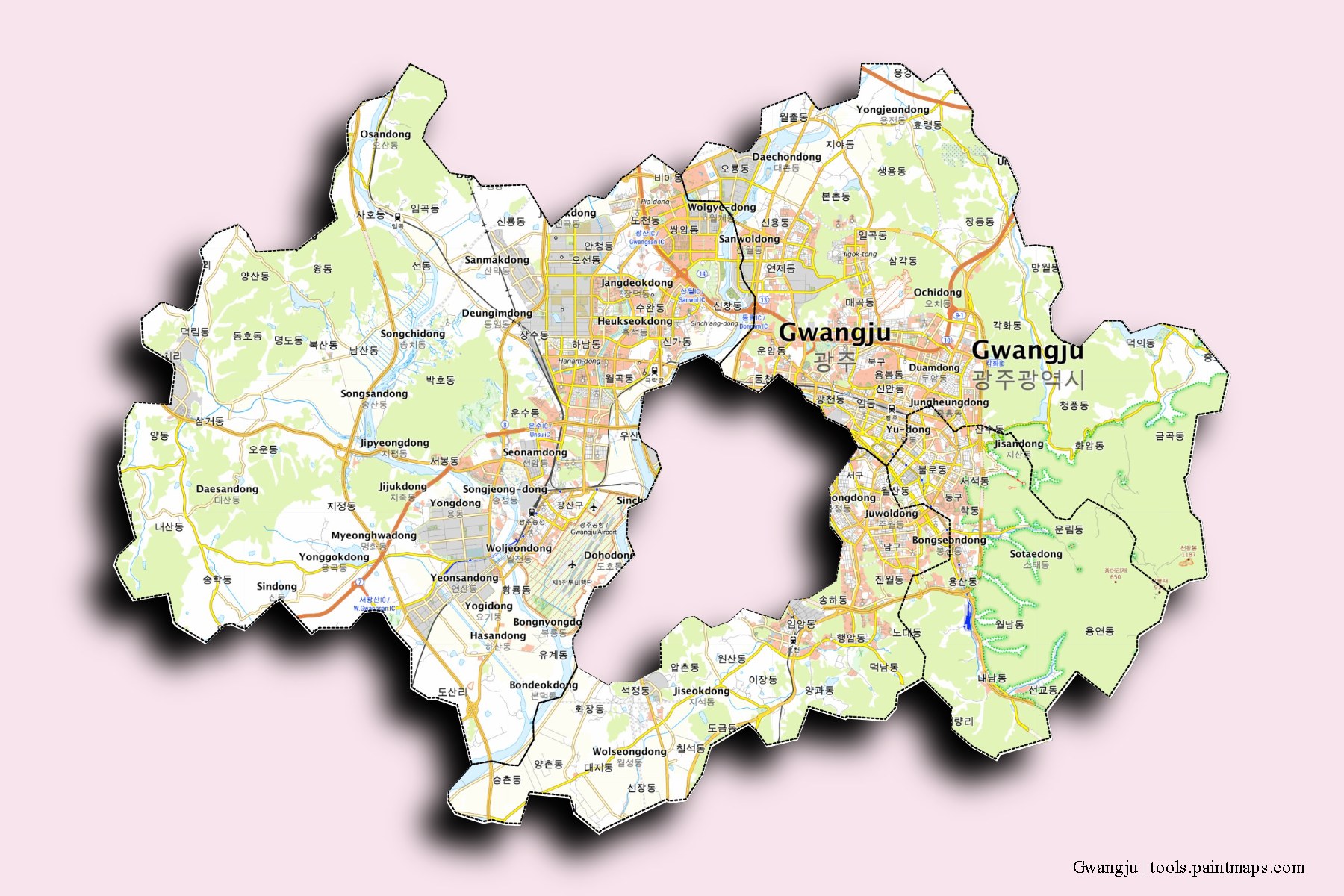 Gwangju and counties map with 3D shadow effect