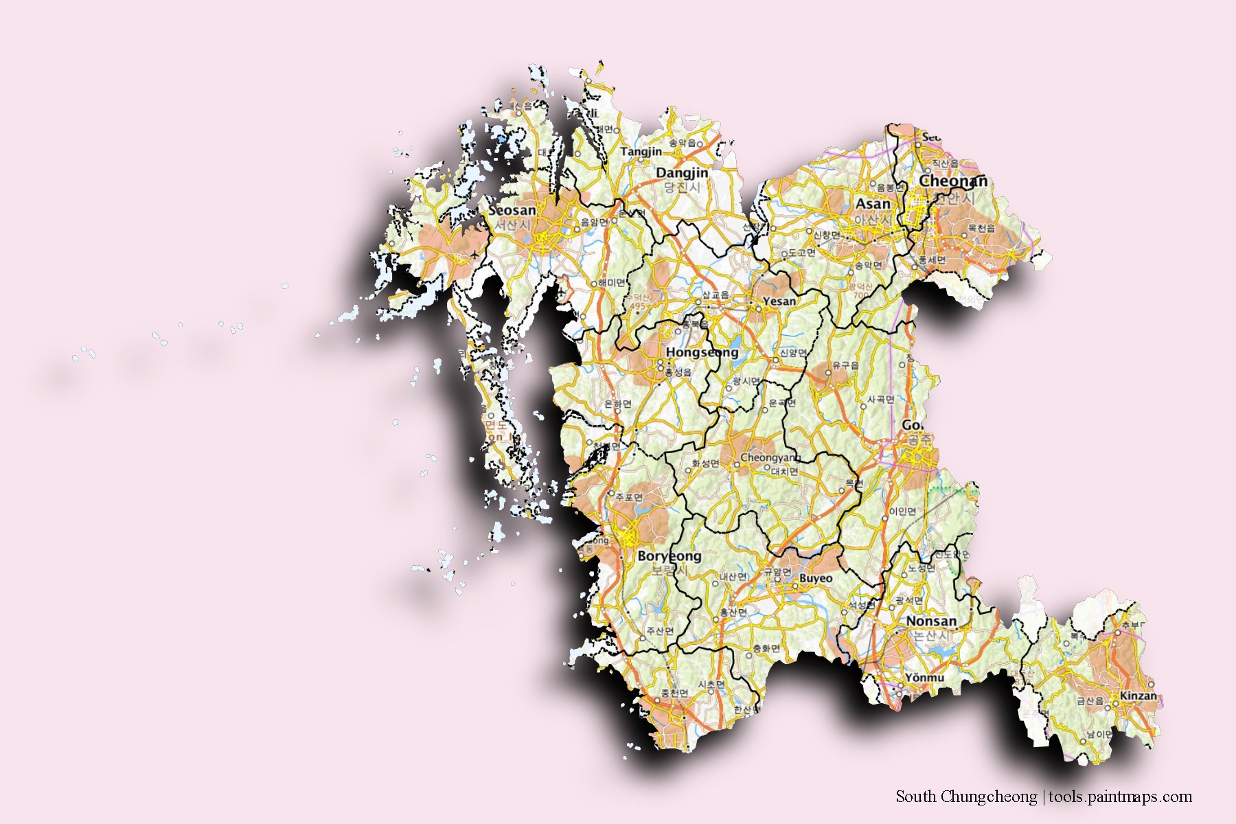 3D gölge efektli Güney Çungçeong ve ilçeleri haritası