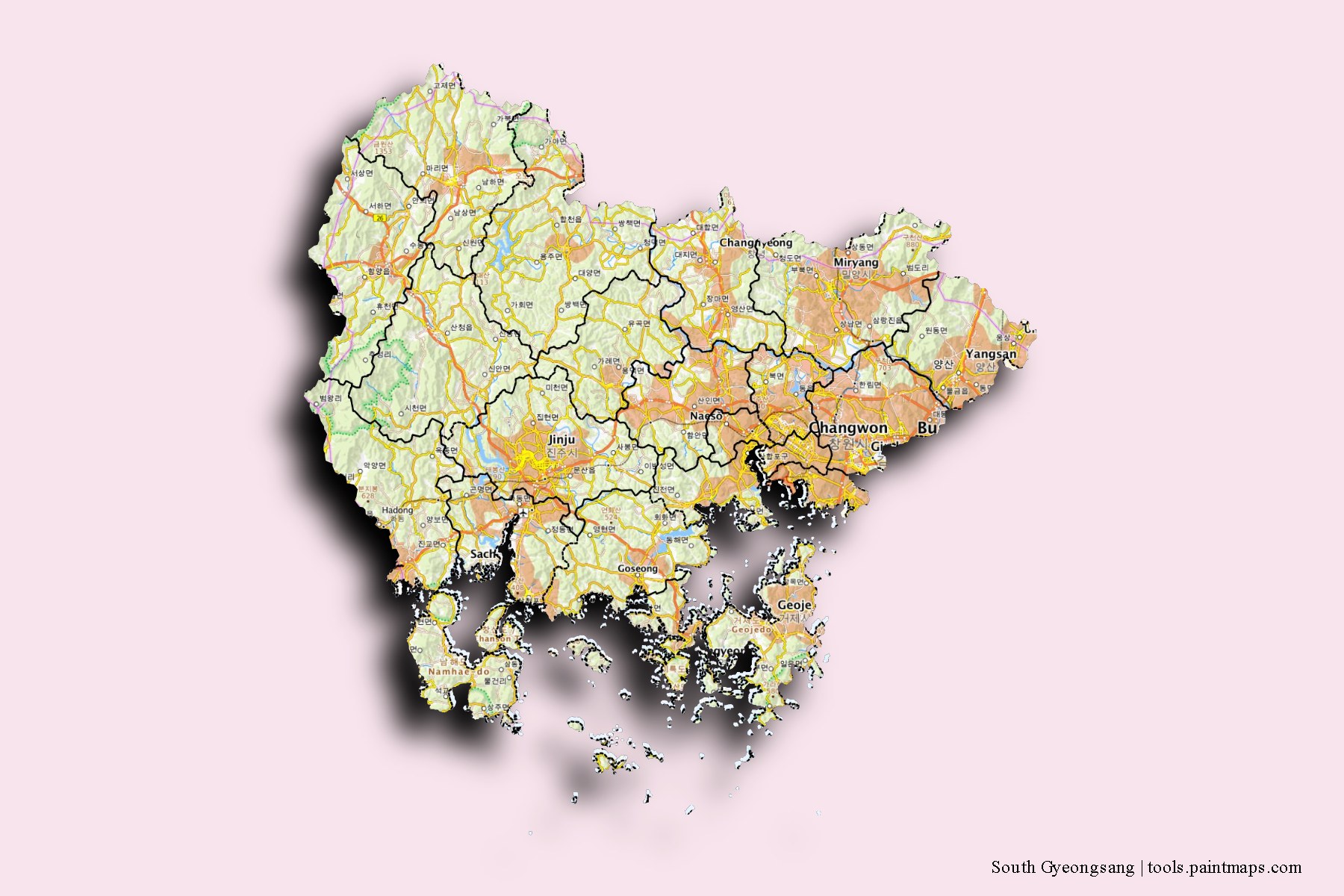 Gyeongsangnam-Do and counties map with 3D shadow effect