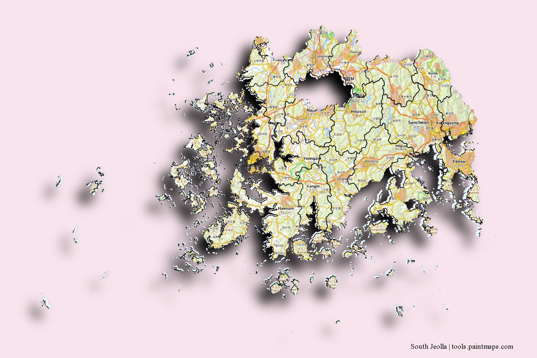 Jeollanam-Do and counties map with 3D shadow effect