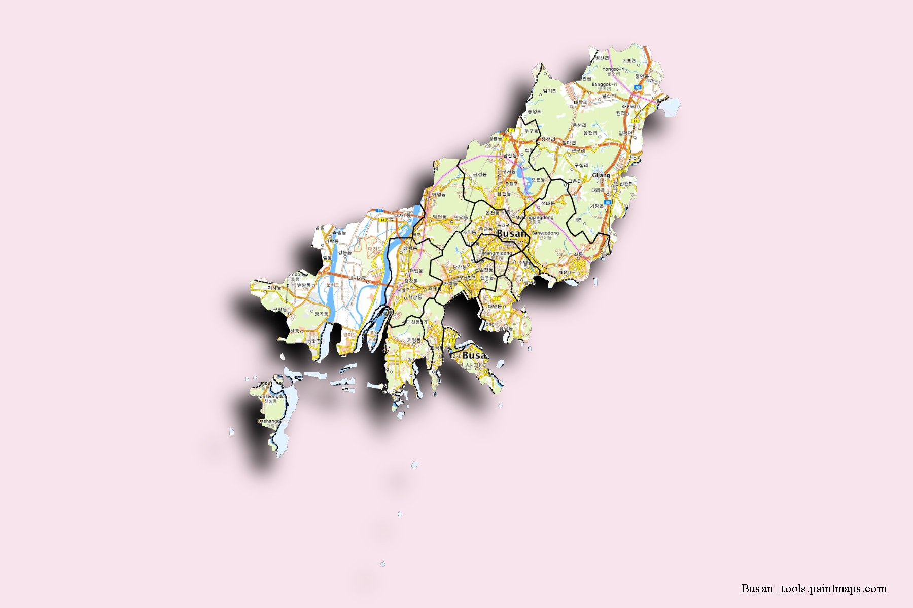 Mapa de Busan y sus distritos con efecto de sombra 3D