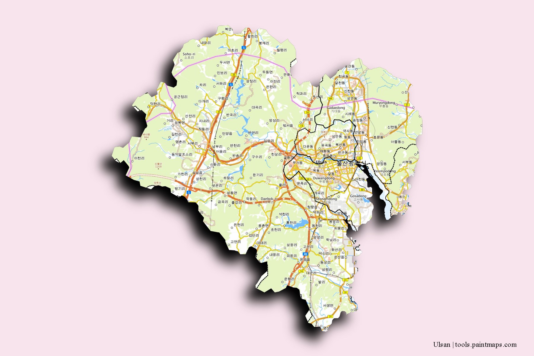 Mapa de Ulsan y sus distritos con efecto de sombra 3D