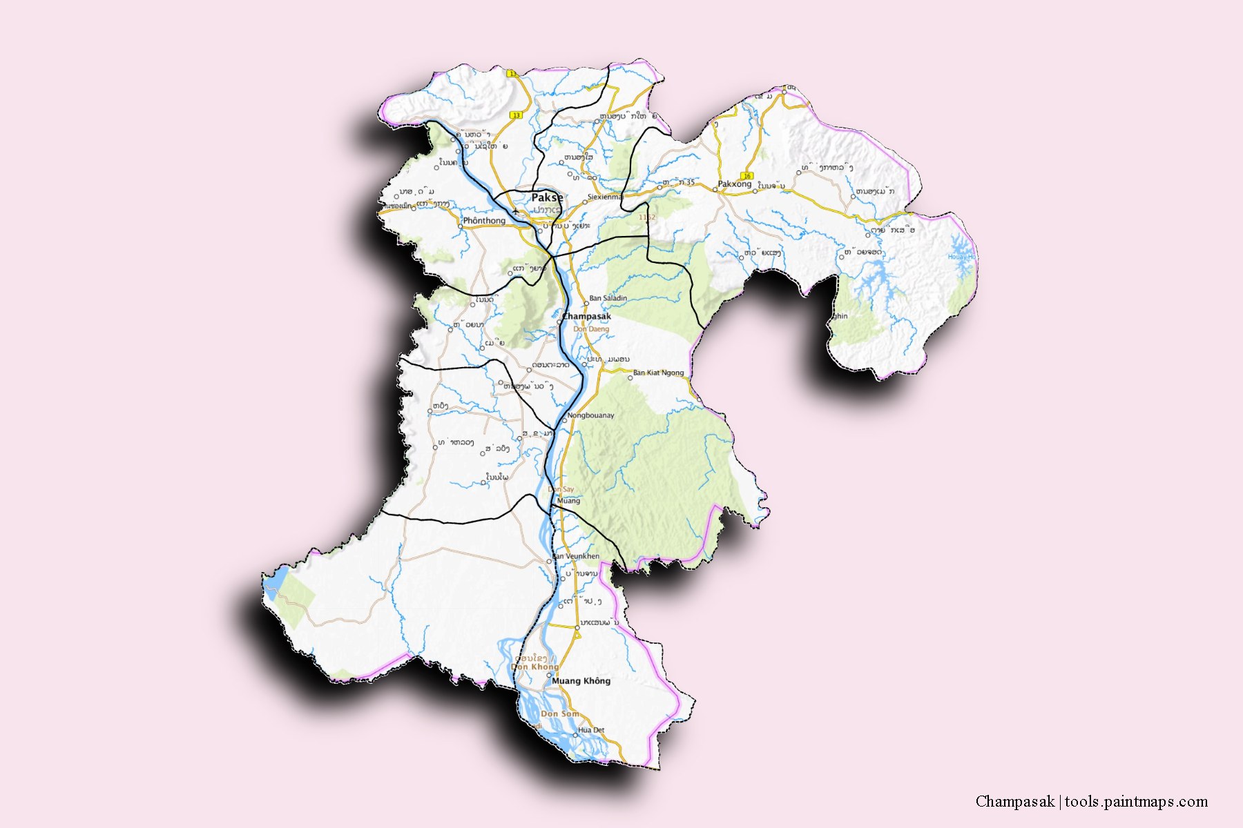 Mapa de Champasak y sus distritos con efecto de sombra 3D