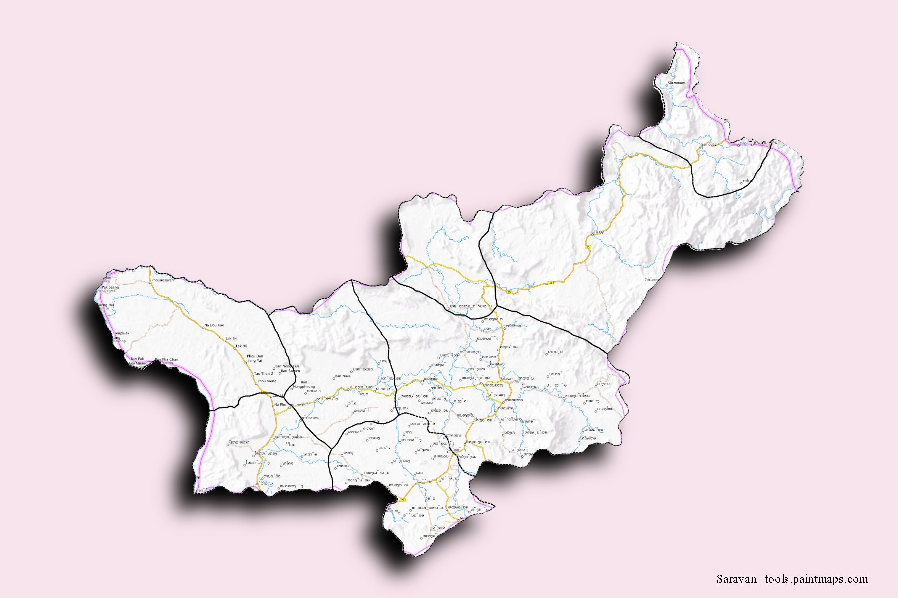 Salavan and counties map with 3D shadow effect