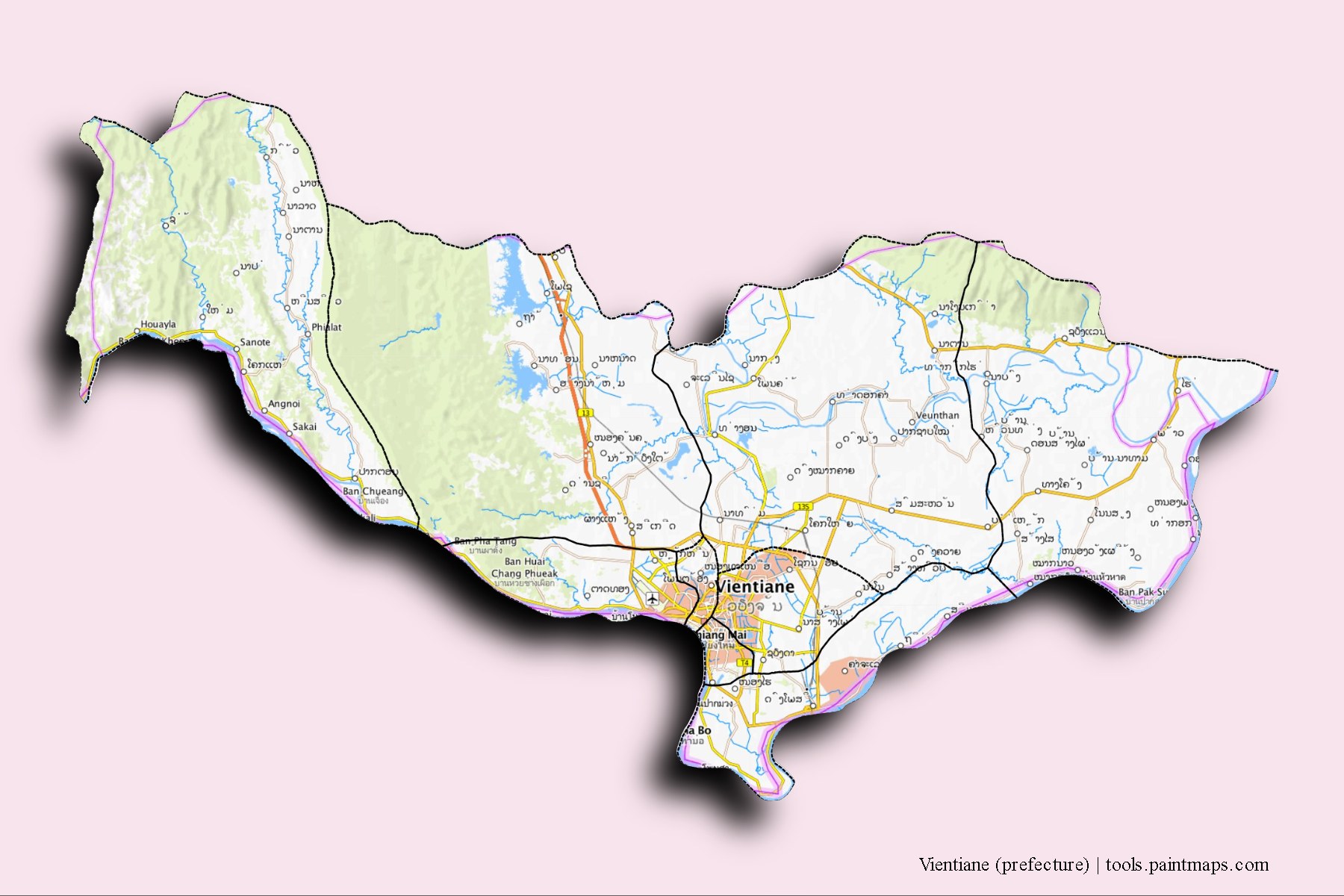 Viangchan and counties map with 3D shadow effect