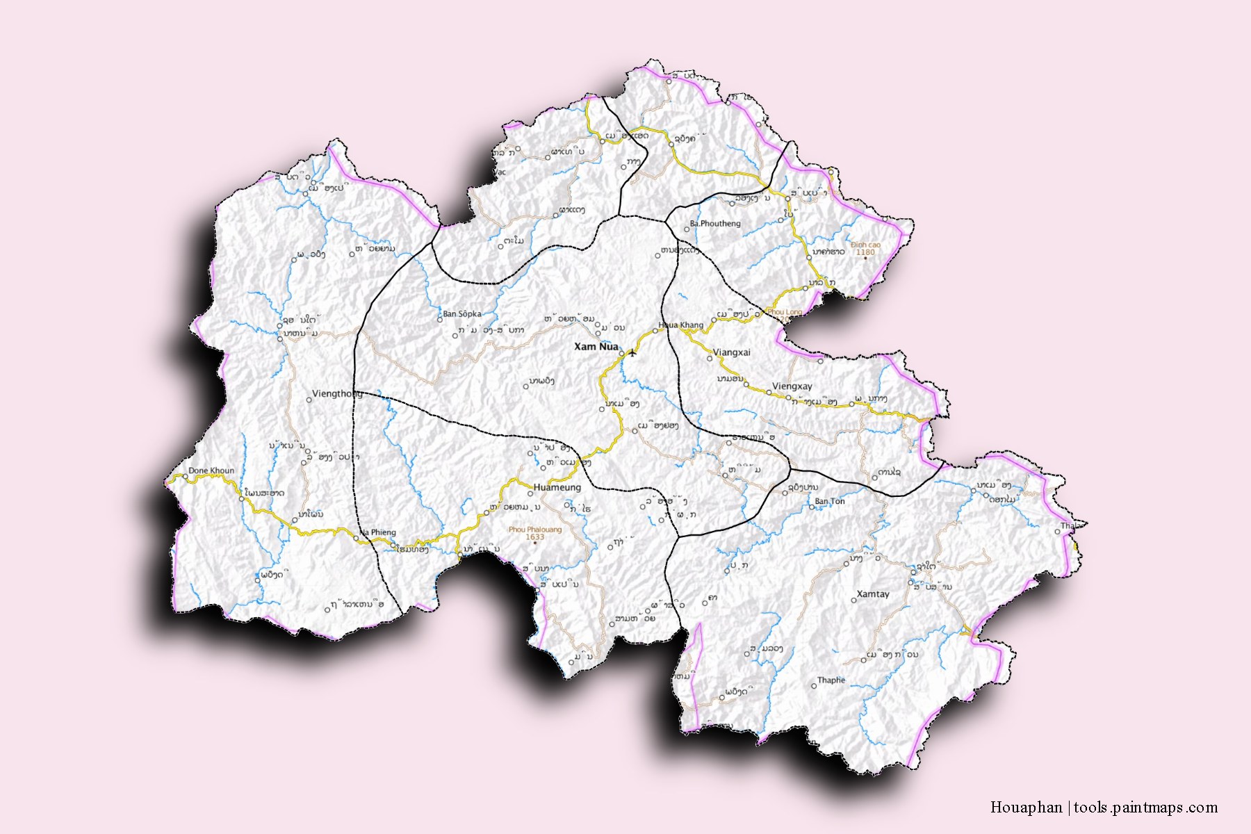 Mapa de Houaphan y sus distritos con efecto de sombra 3D