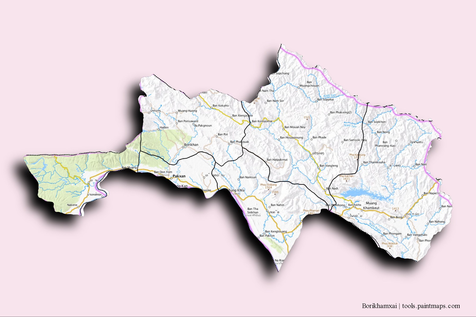 Mapa de Borikhamxai y sus distritos con efecto de sombra 3D