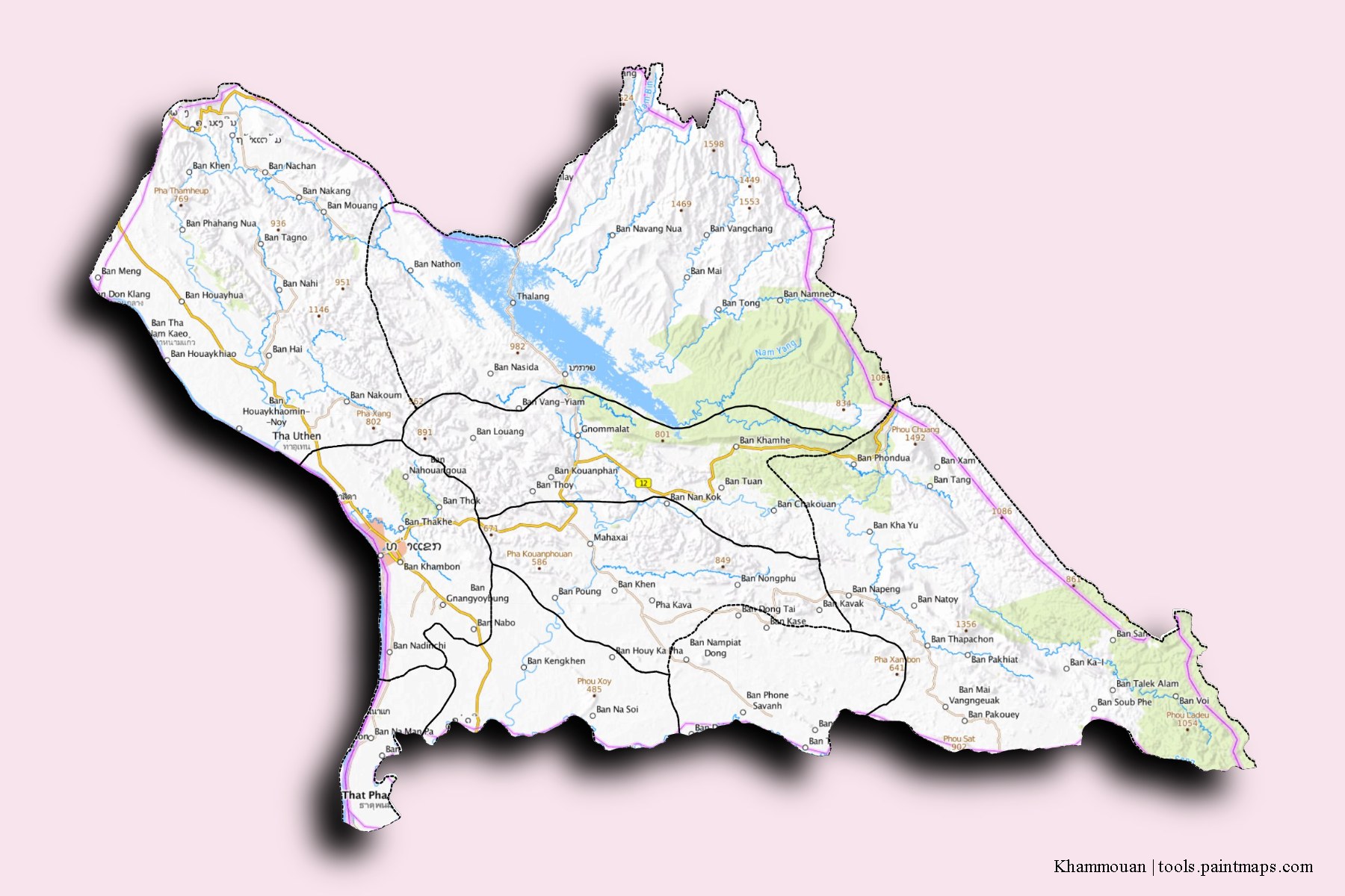 3D gölge efektli Khammouane Province ve ilçeleri haritası