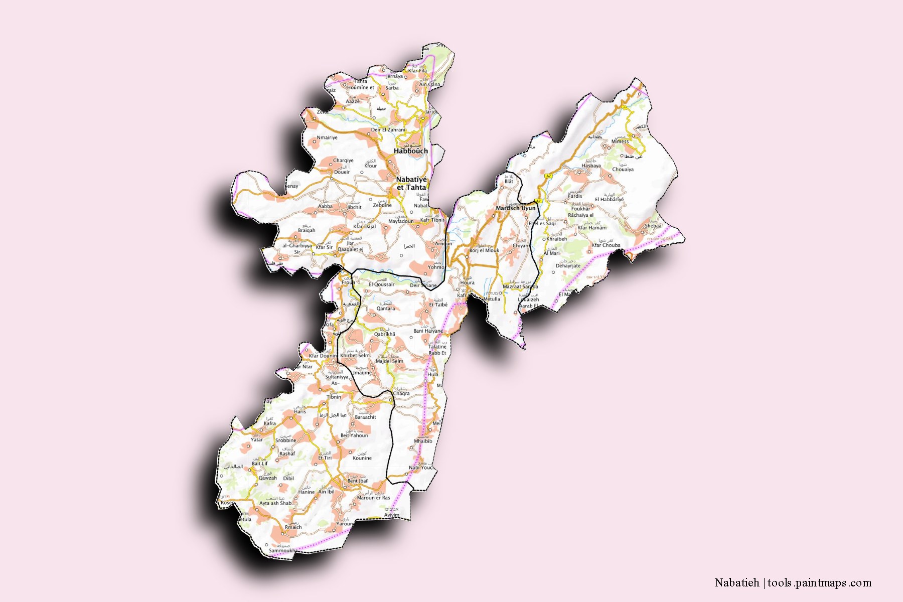 Mapa de Nabatieh y sus distritos con efecto de sombra 3D