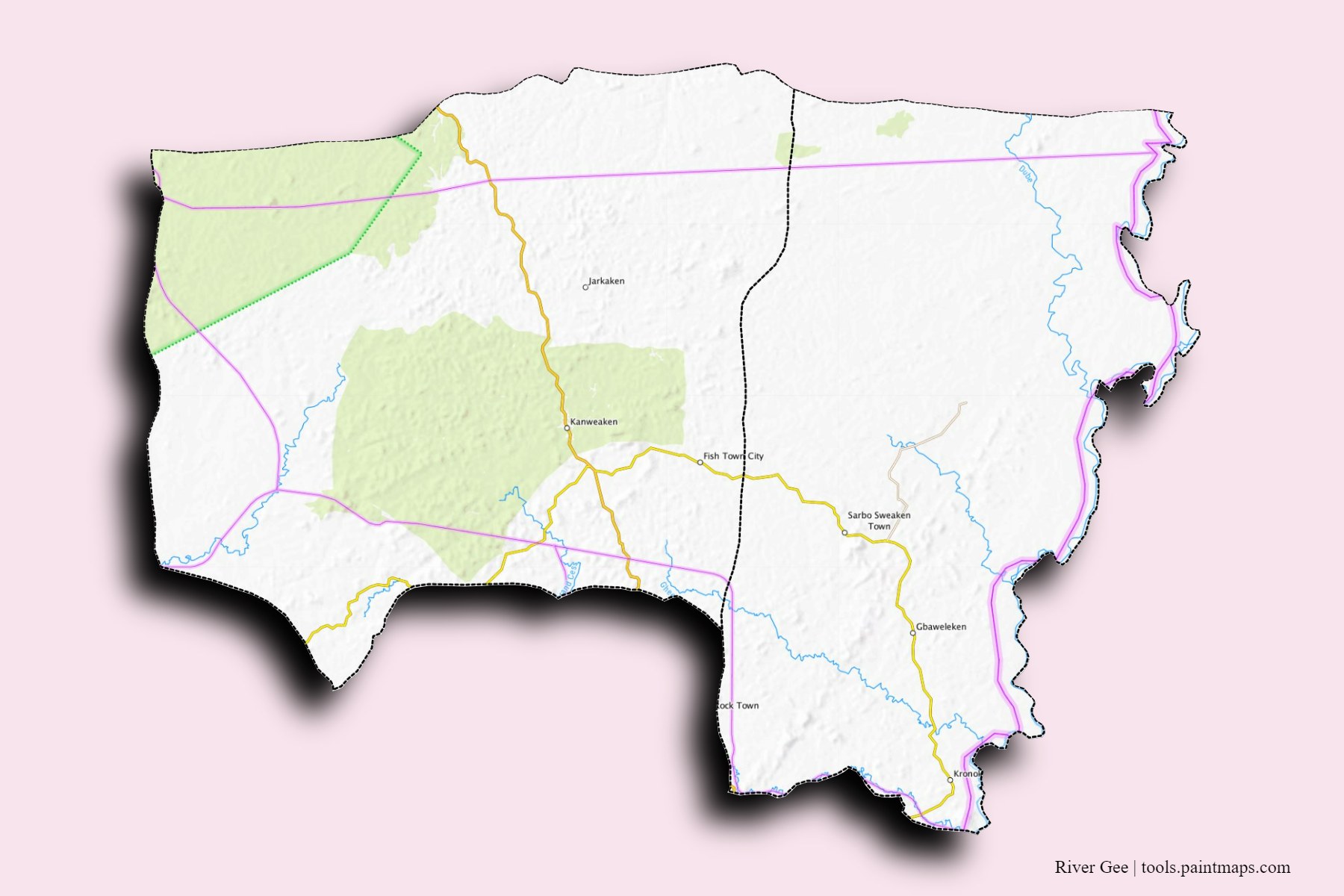 Mapa de River Gee y sus distritos con efecto de sombra 3D