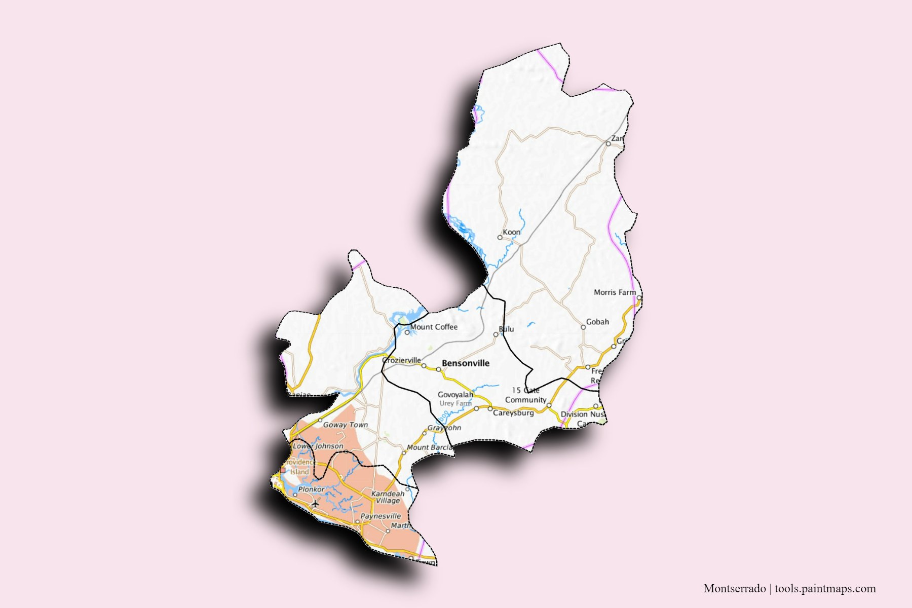 3D gölge efektli Montserrado County ve ilçeleri haritası