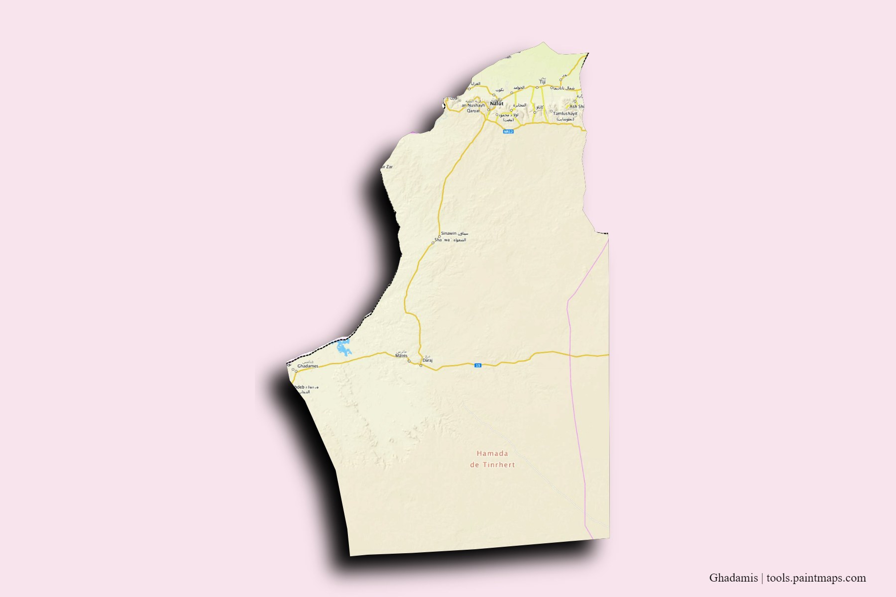 Ghadamis and counties map with 3D shadow effect