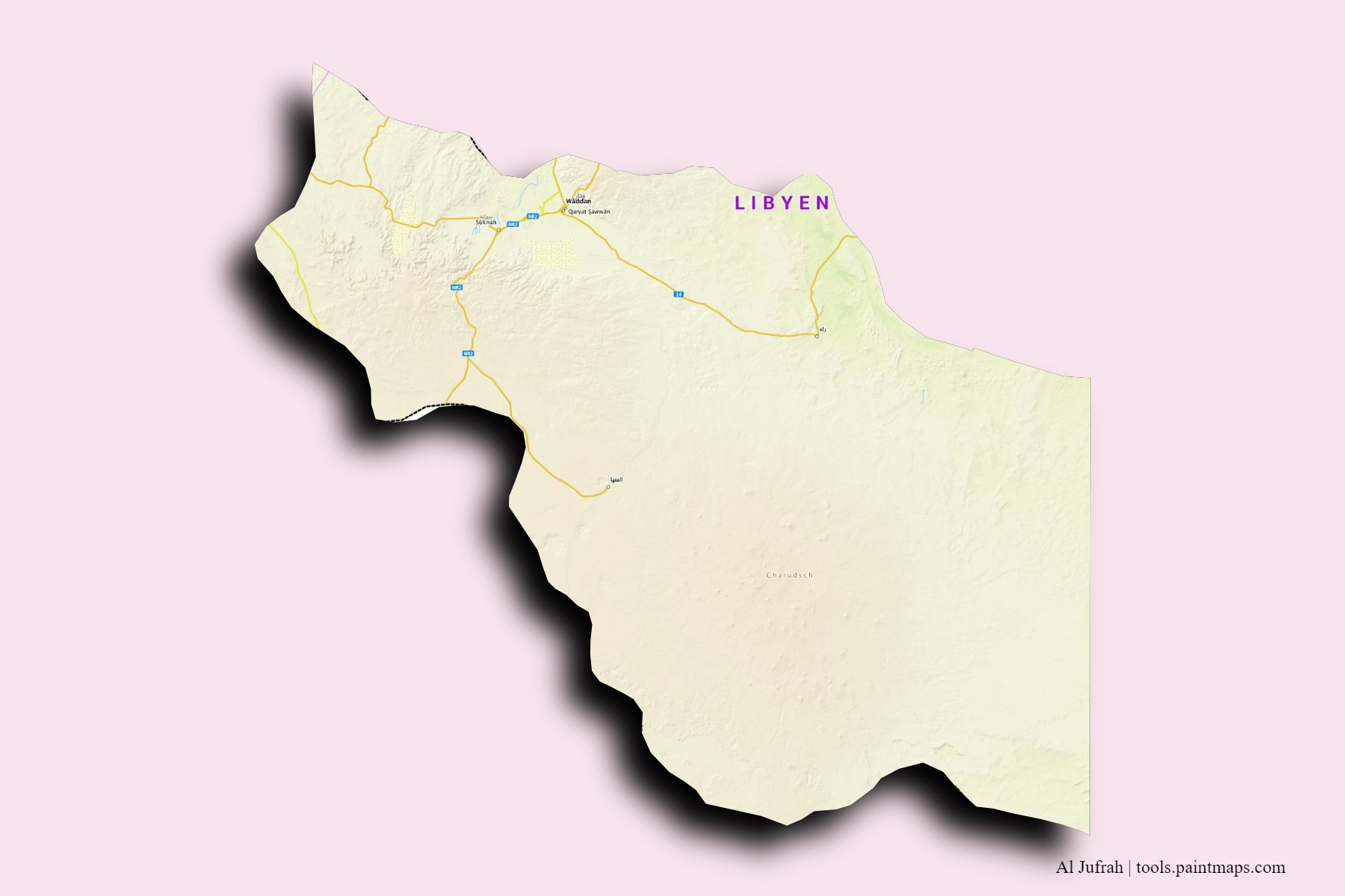 Al Jufrah and counties map with 3D shadow effect