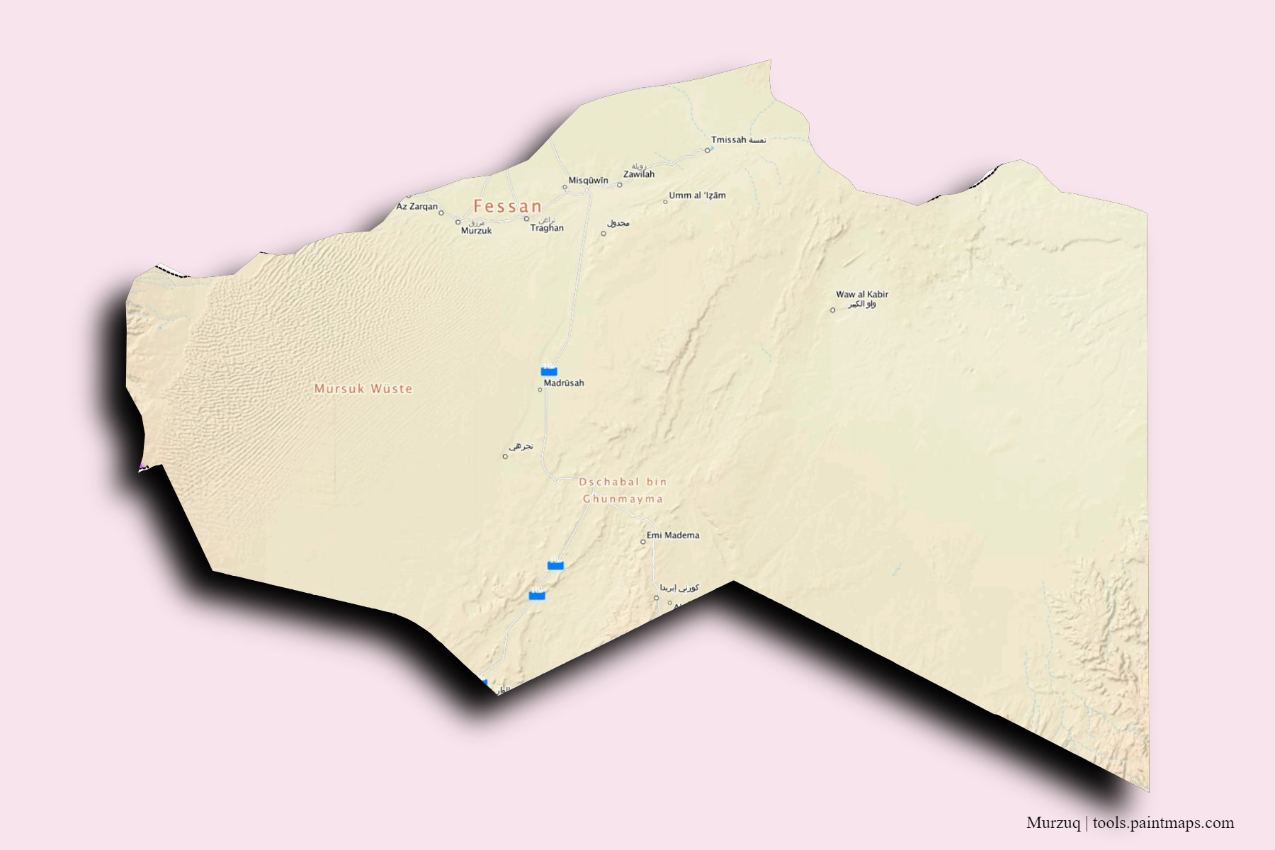 Murzuq and counties map with 3D shadow effect