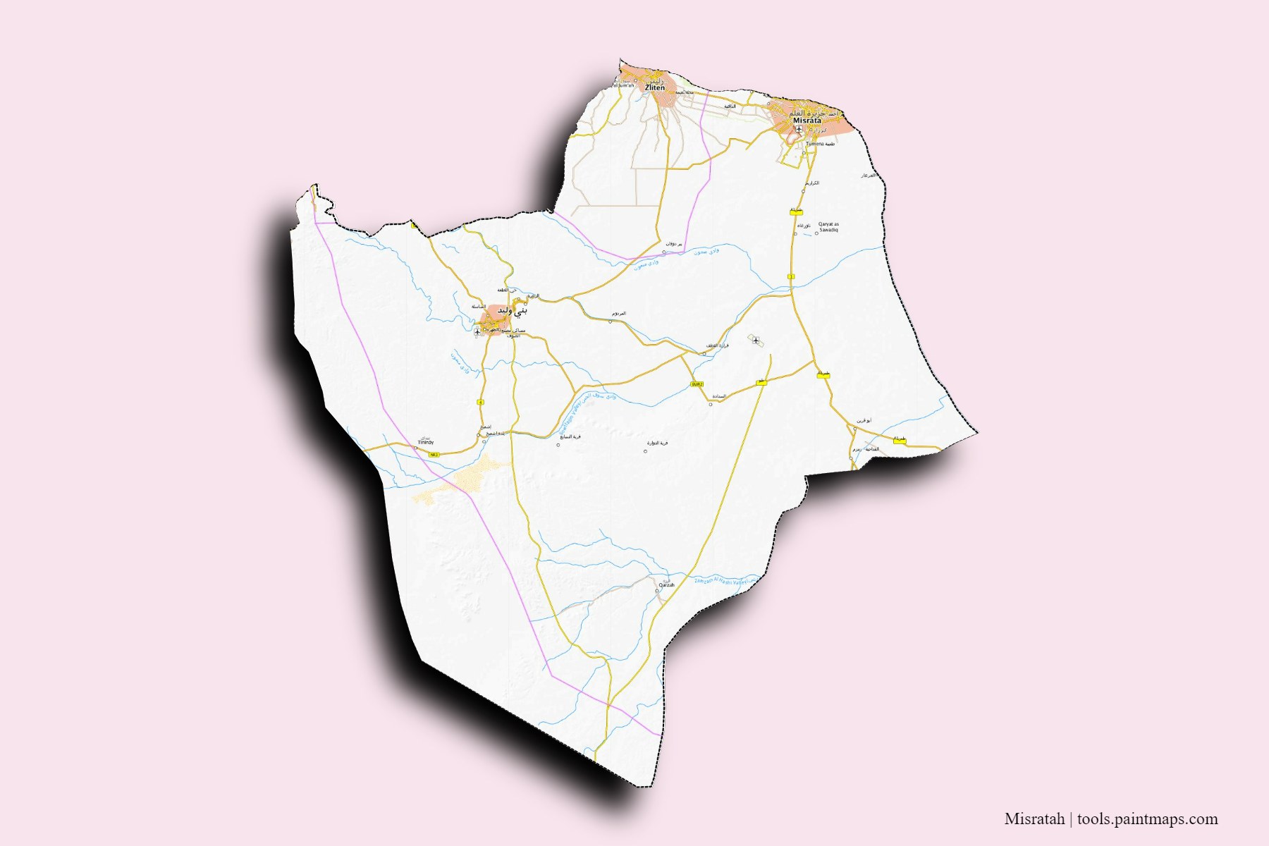 3D gölge efektli Misrata District ve ilçeleri haritası