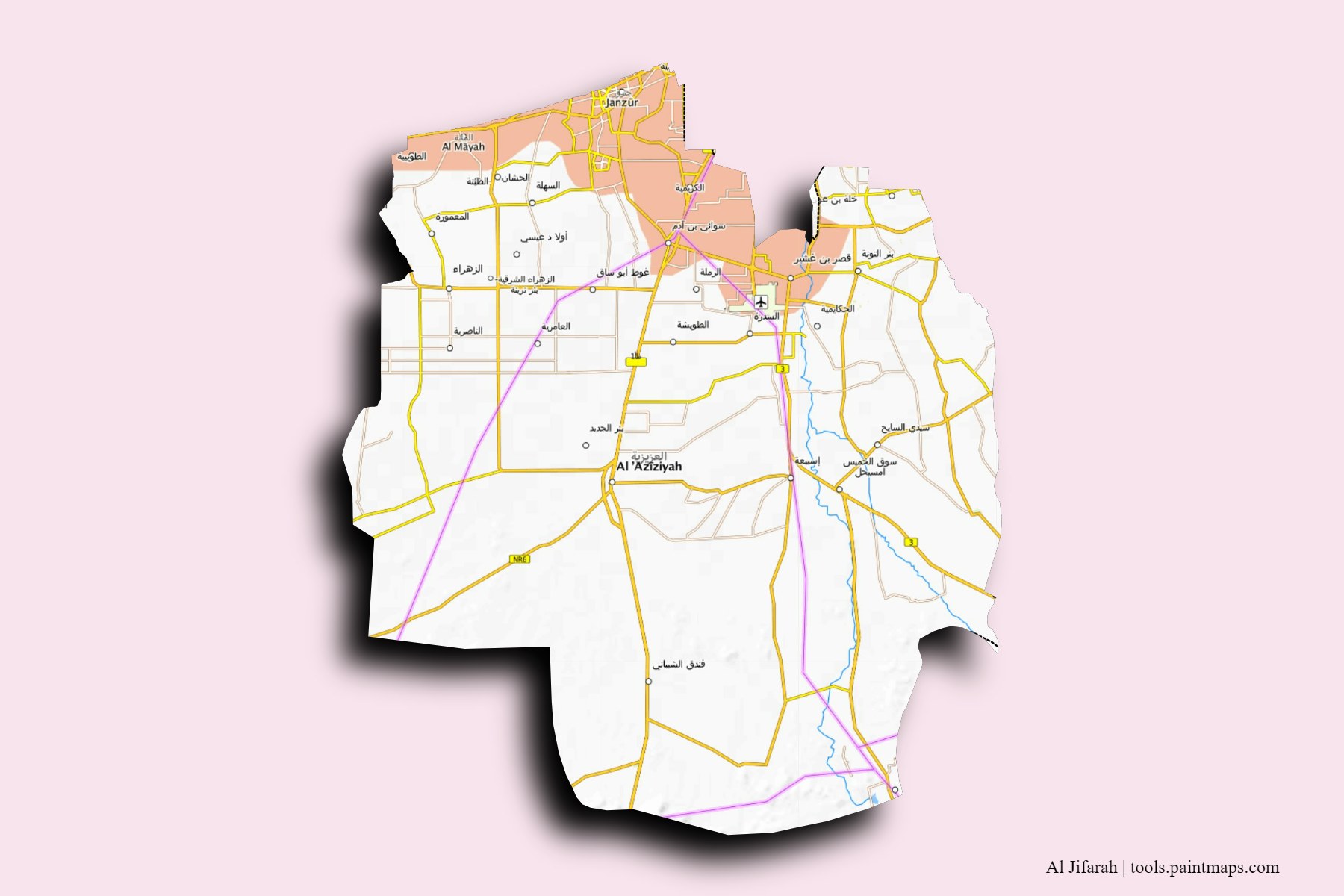 Al Jifarah and counties map with 3D shadow effect