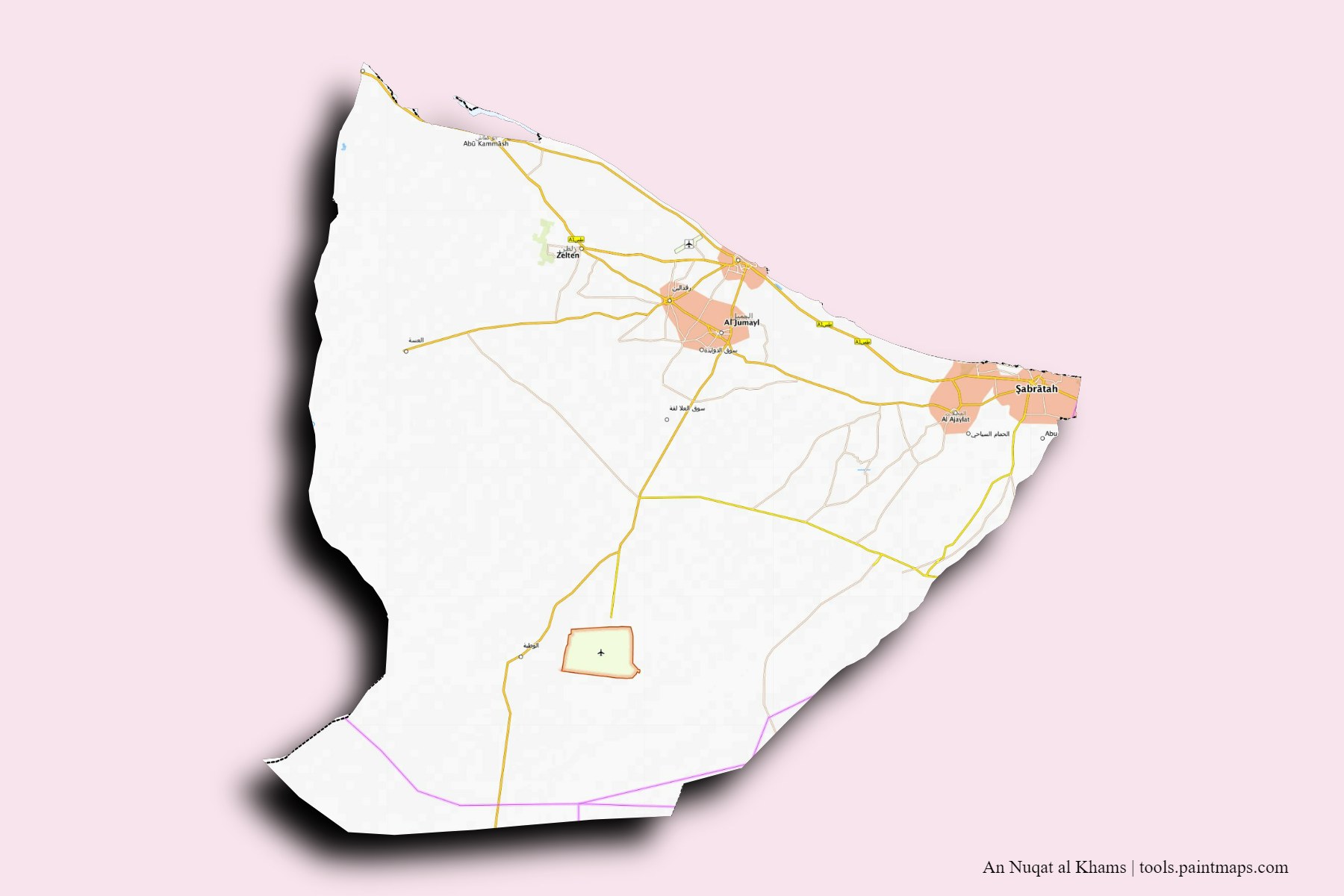 An Nuqat al Khams and counties map with 3D shadow effect