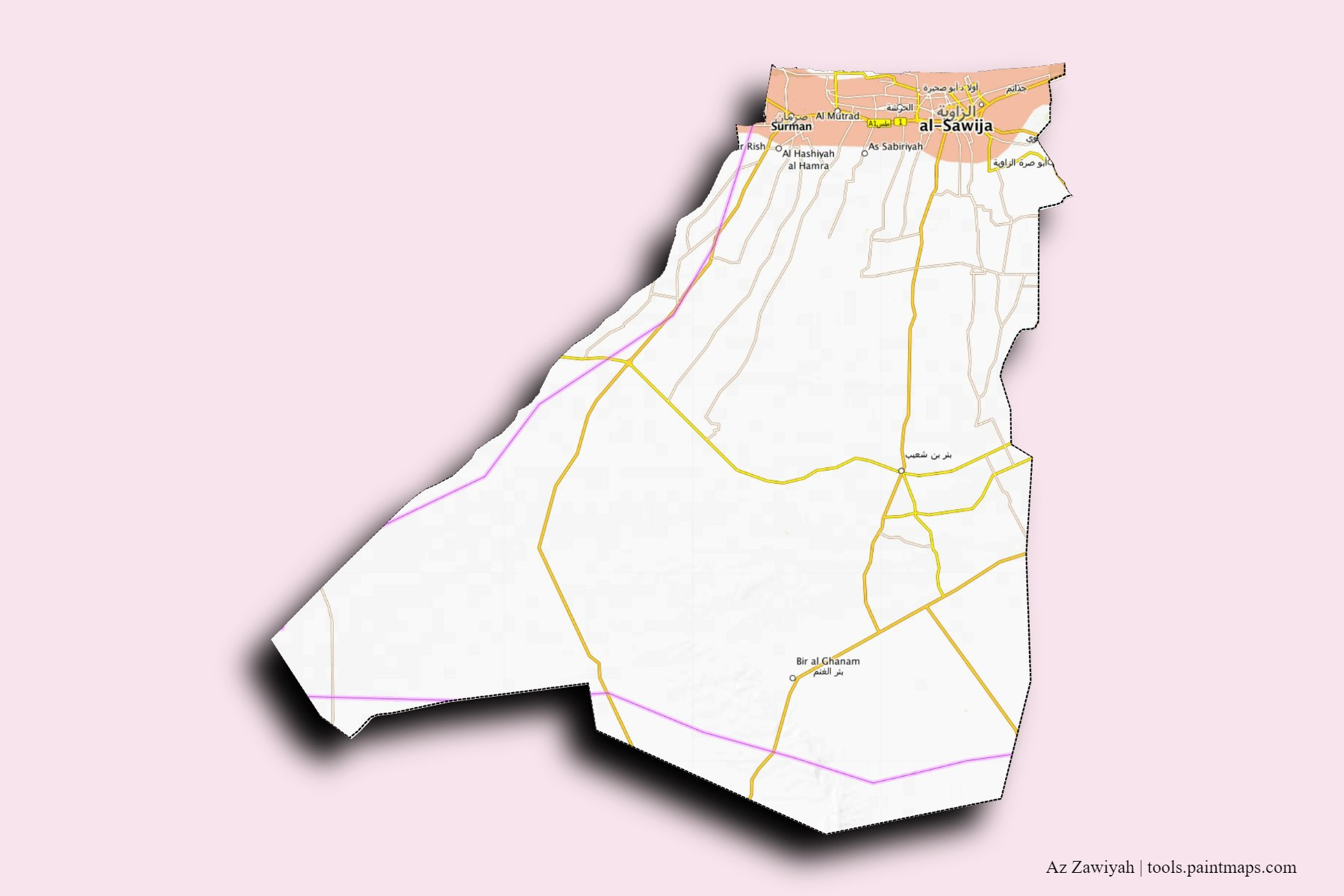 Az Zawiyah and counties map with 3D shadow effect