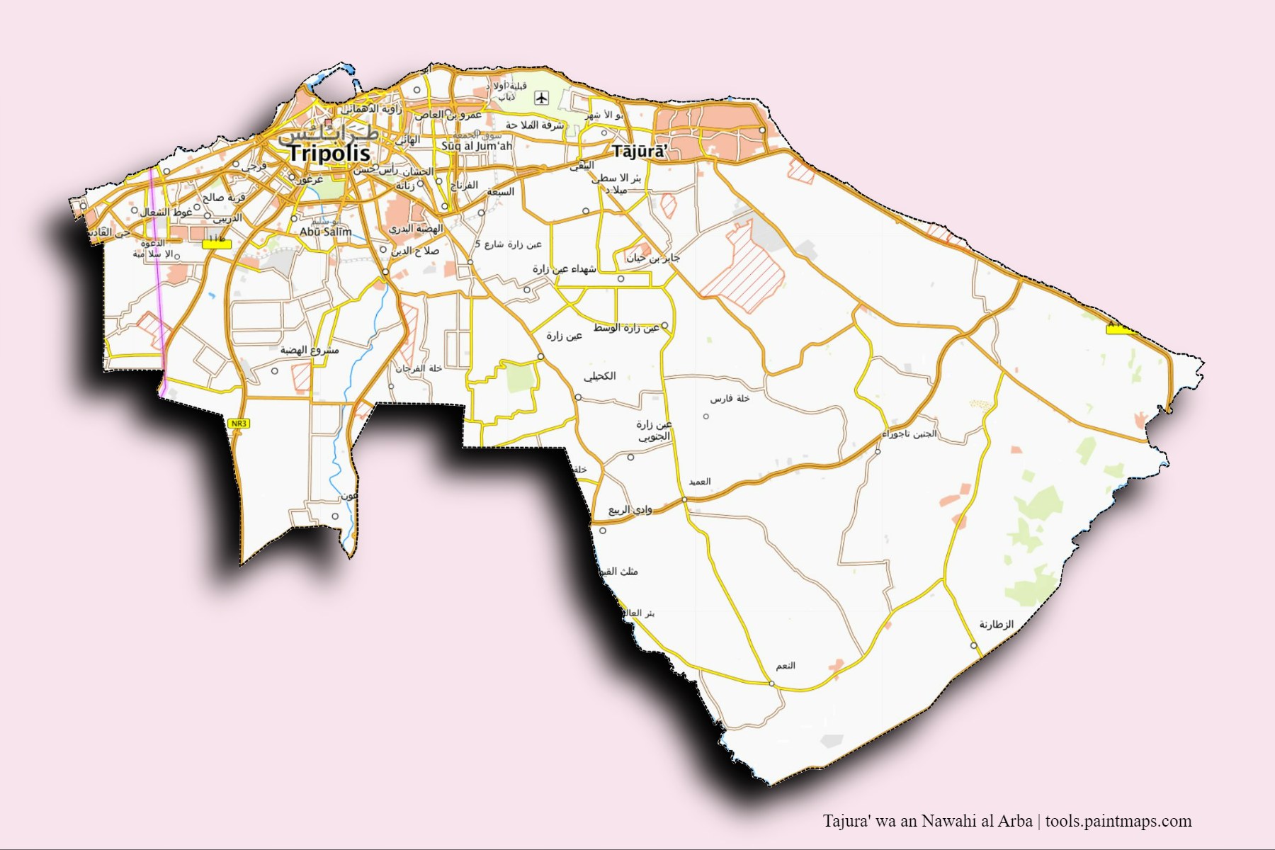 Tajura' wa an Nawahi al Arba and counties map with 3D shadow effect