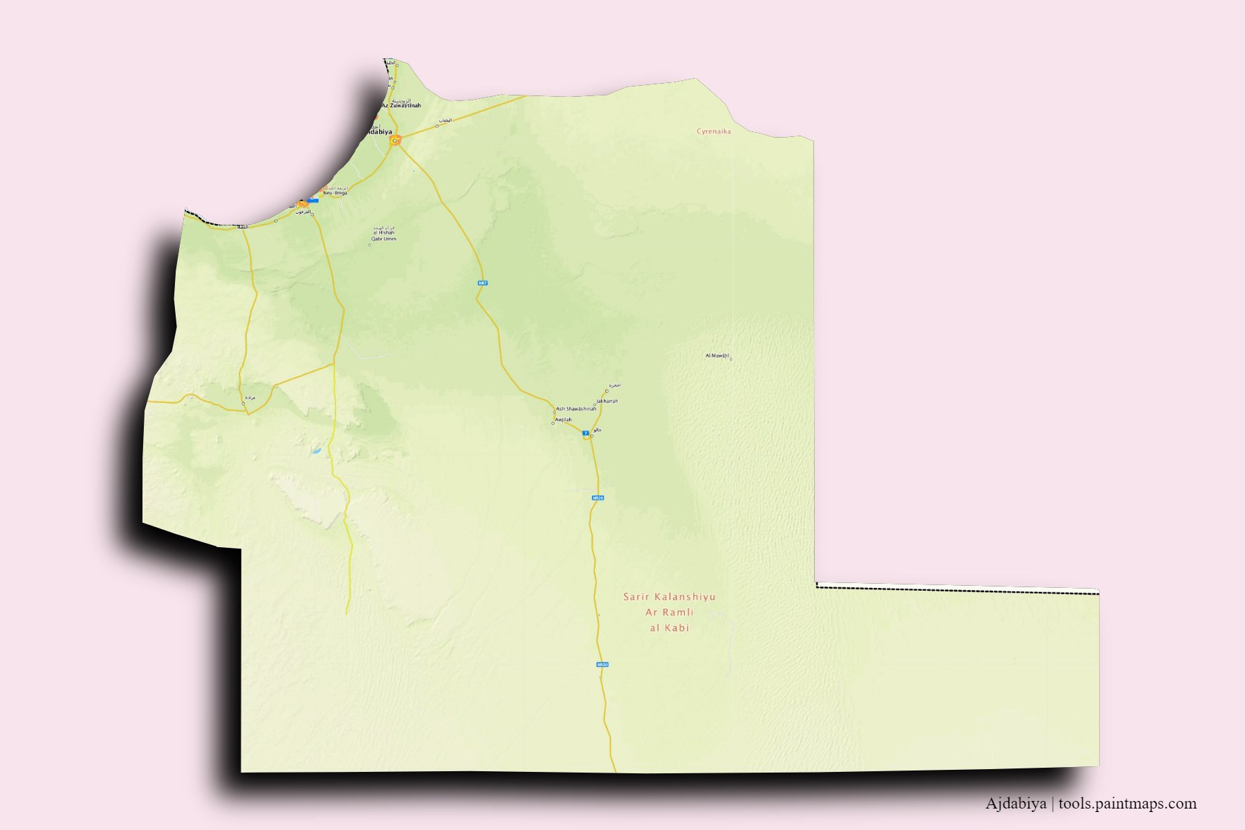 Ajdabiya and counties map with 3D shadow effect