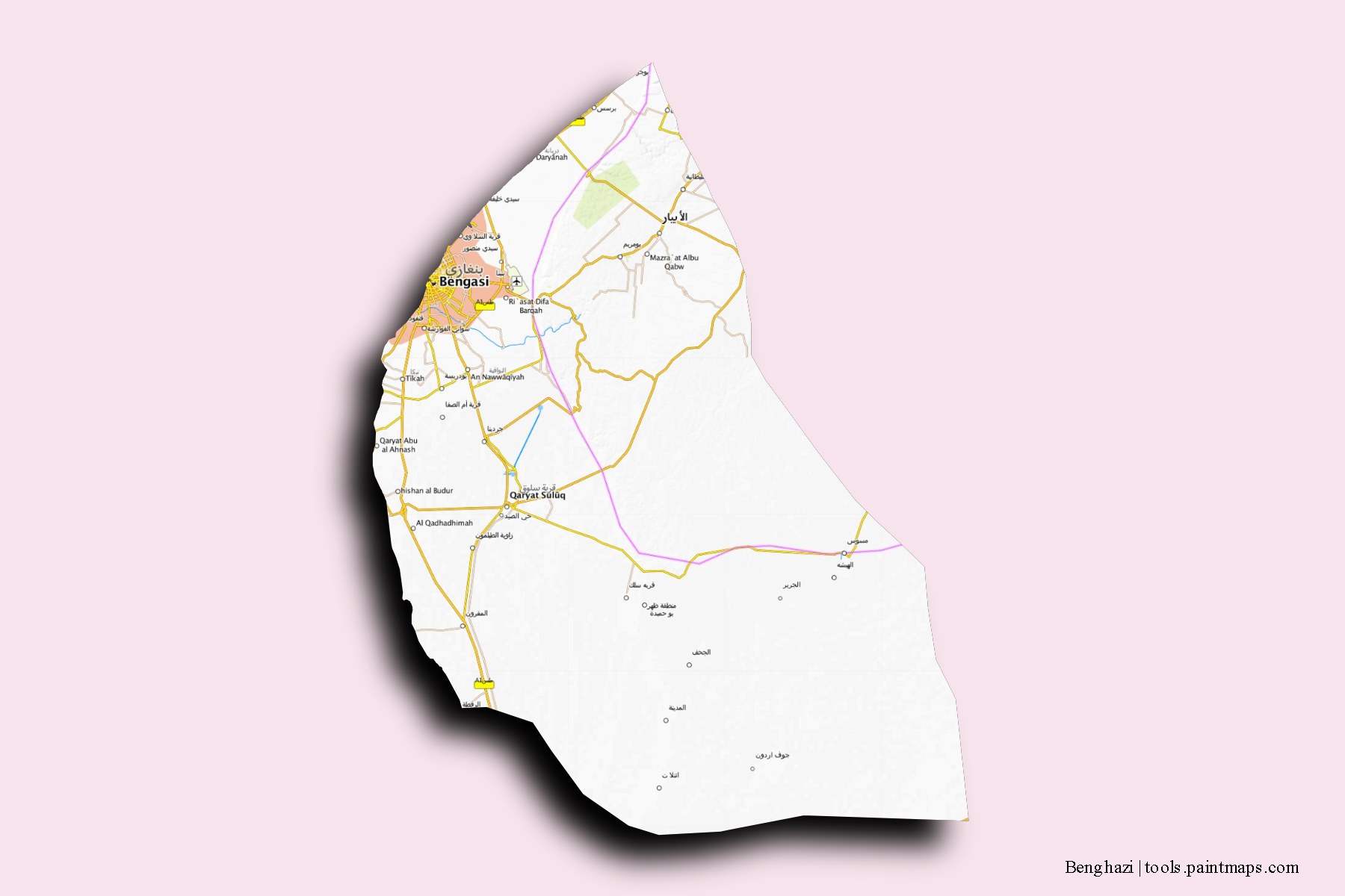 Benghazi and counties map with 3D shadow effect