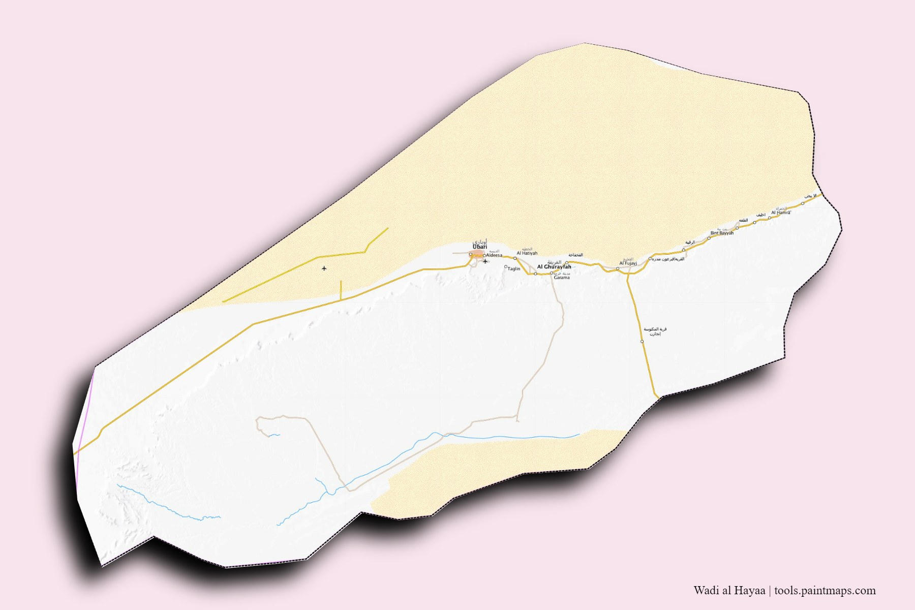 Awbari and counties map with 3D shadow effect