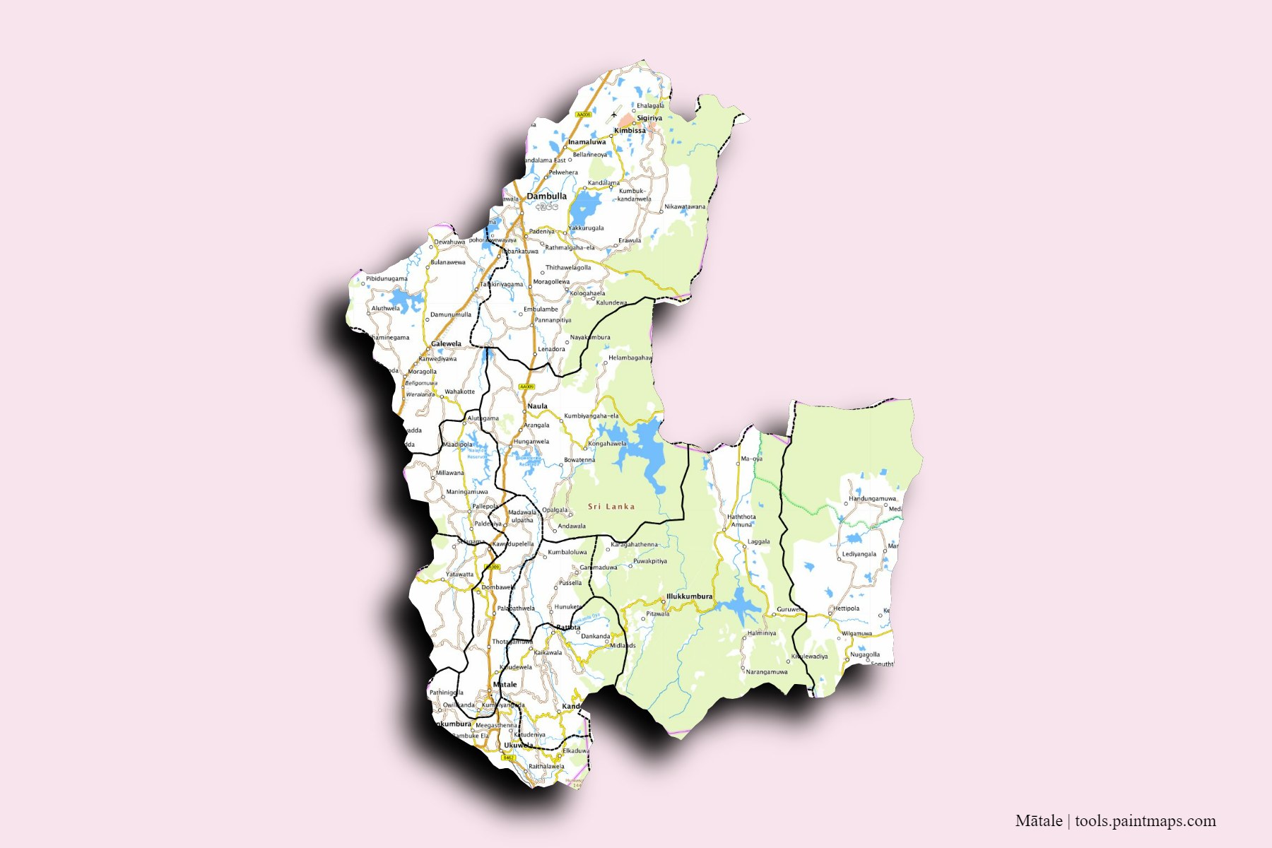 Mapa de Mātale y sus distritos con efecto de sombra 3D