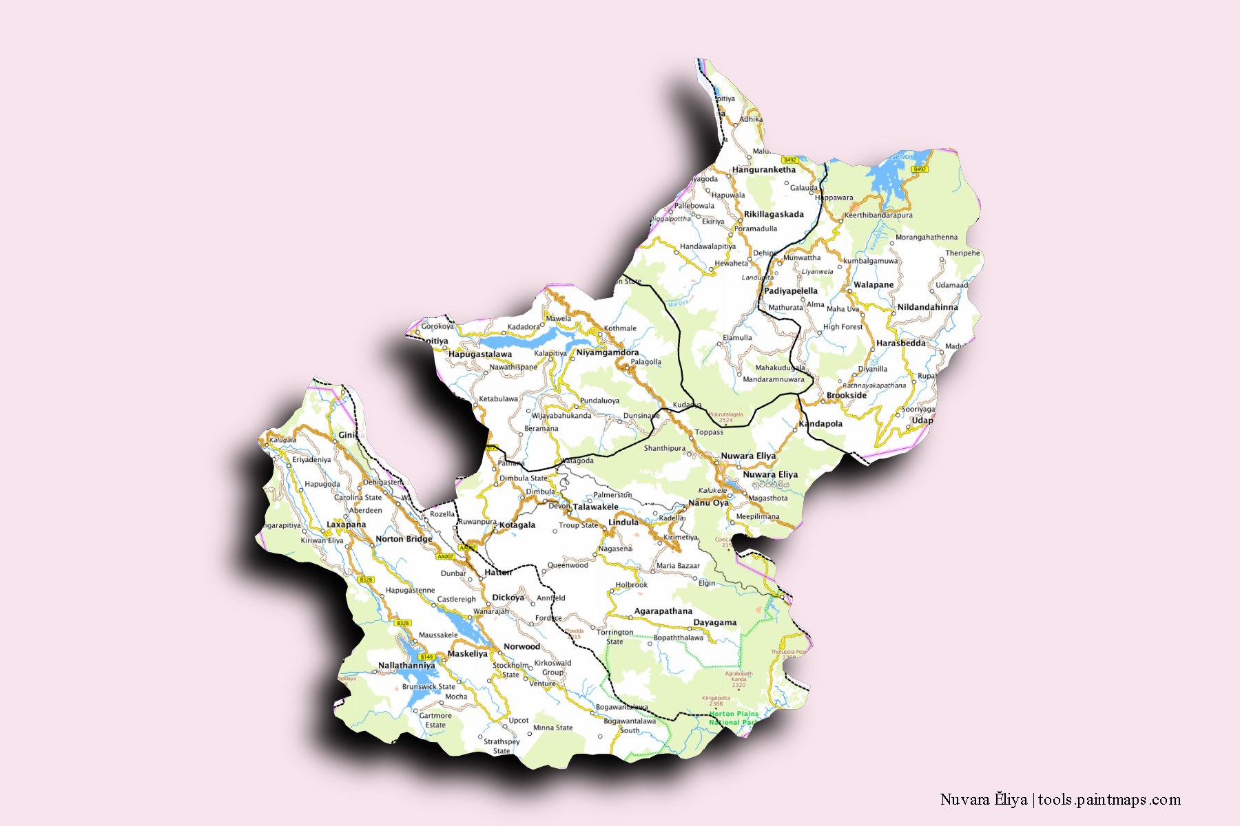 Nuwara Eliya and counties map with 3D shadow effect