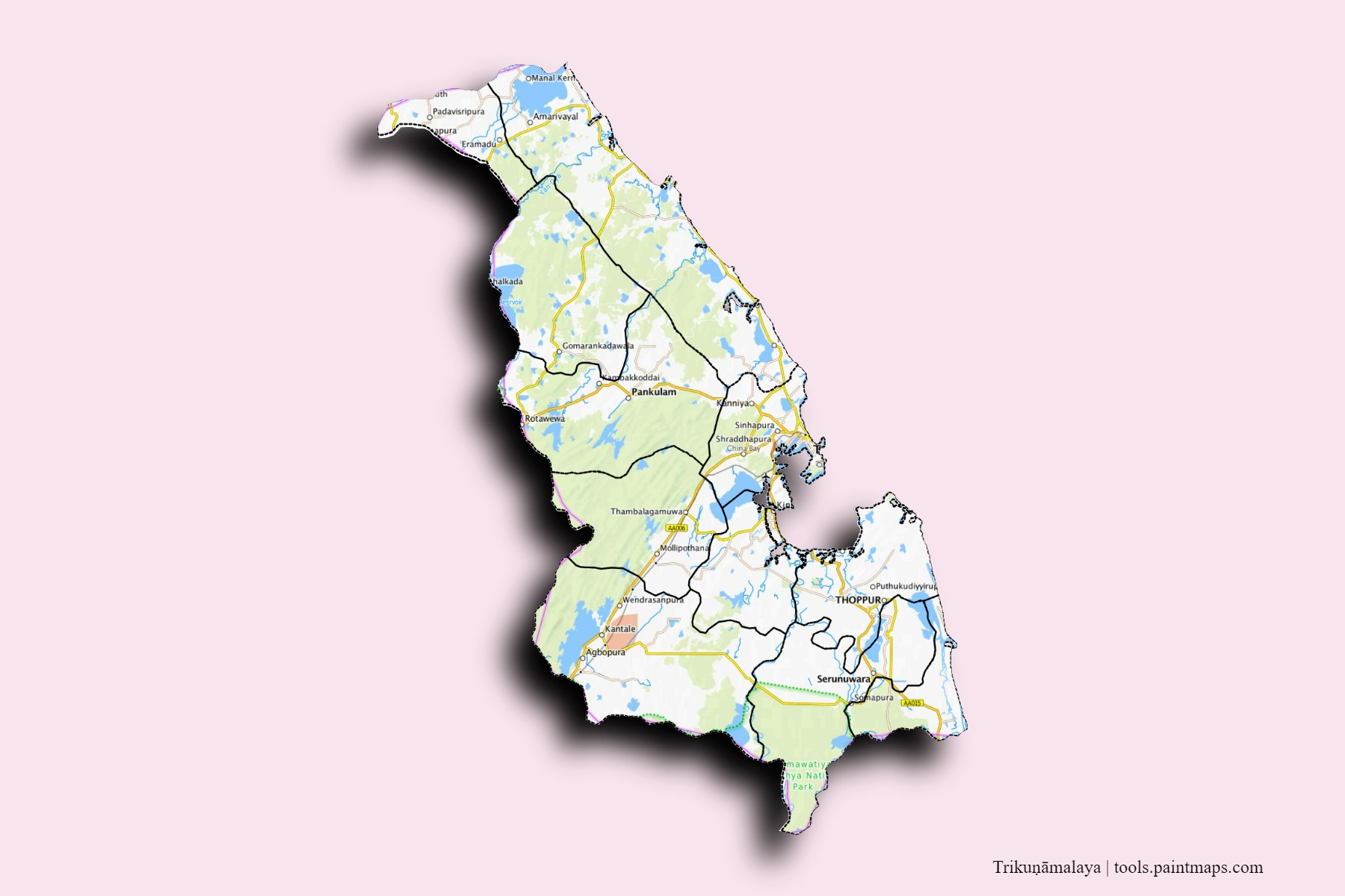 Trincomalee and counties map with 3D shadow effect