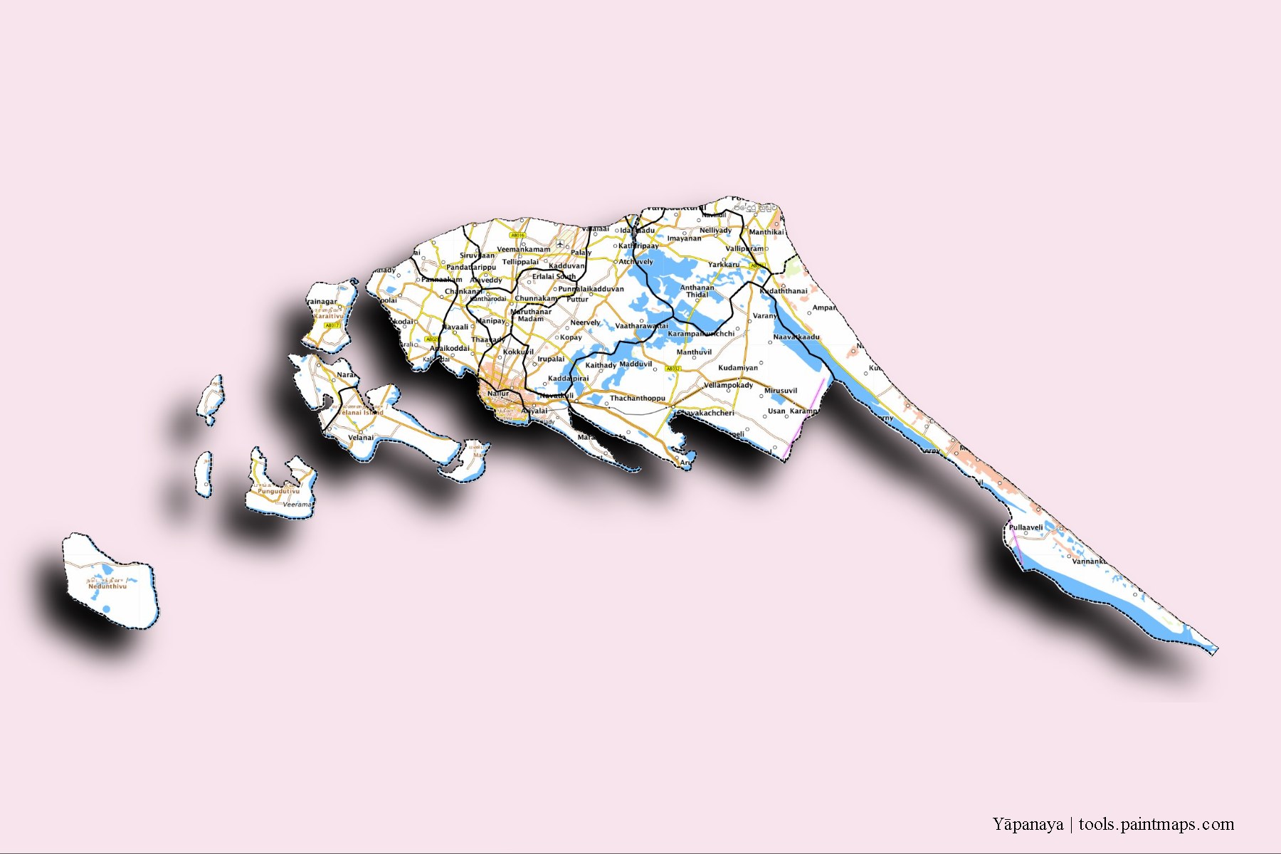 Jaffna and counties map with 3D shadow effect