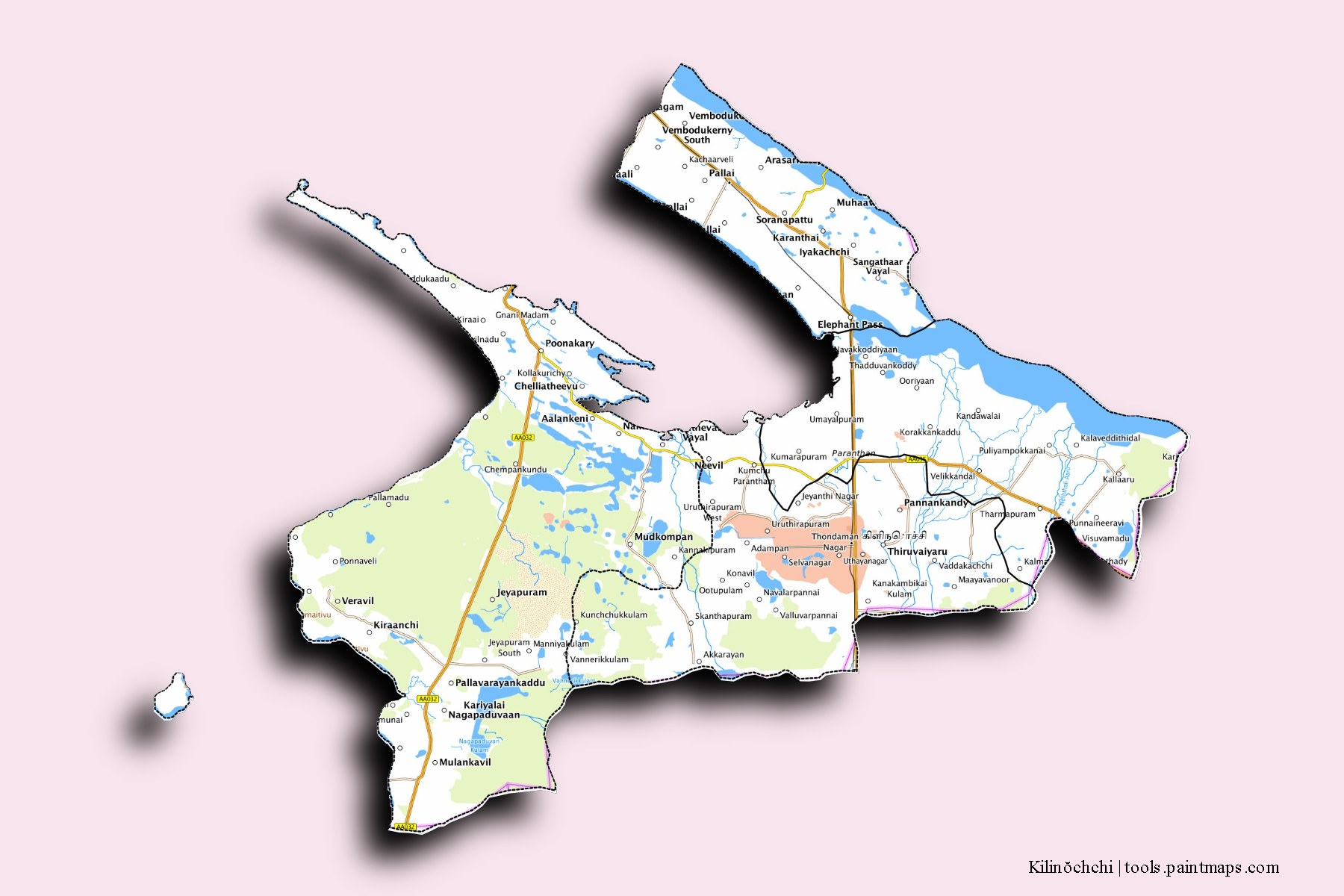 Kilinochchi and counties map with 3D shadow effect