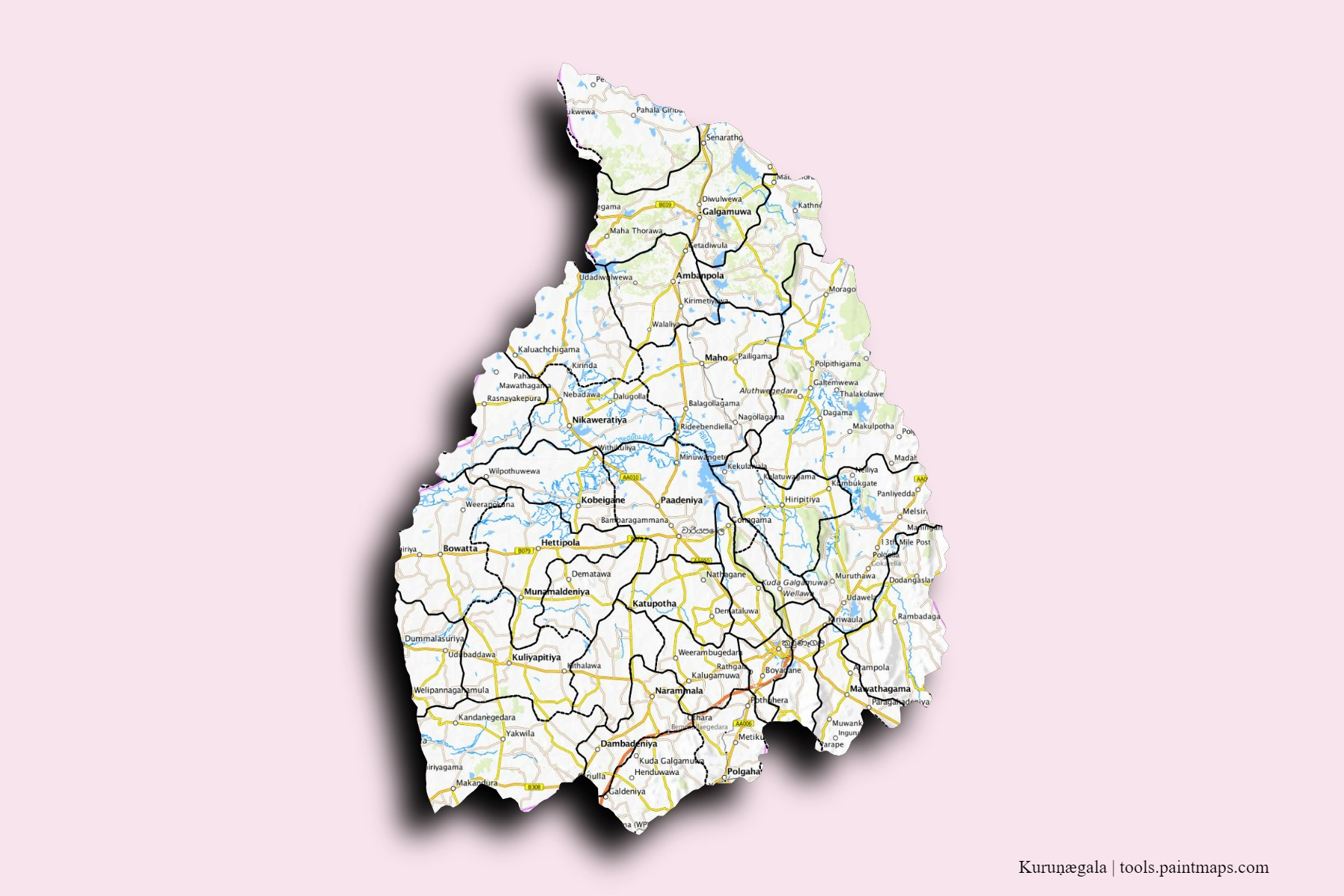 Kurunegala and counties map with 3D shadow effect