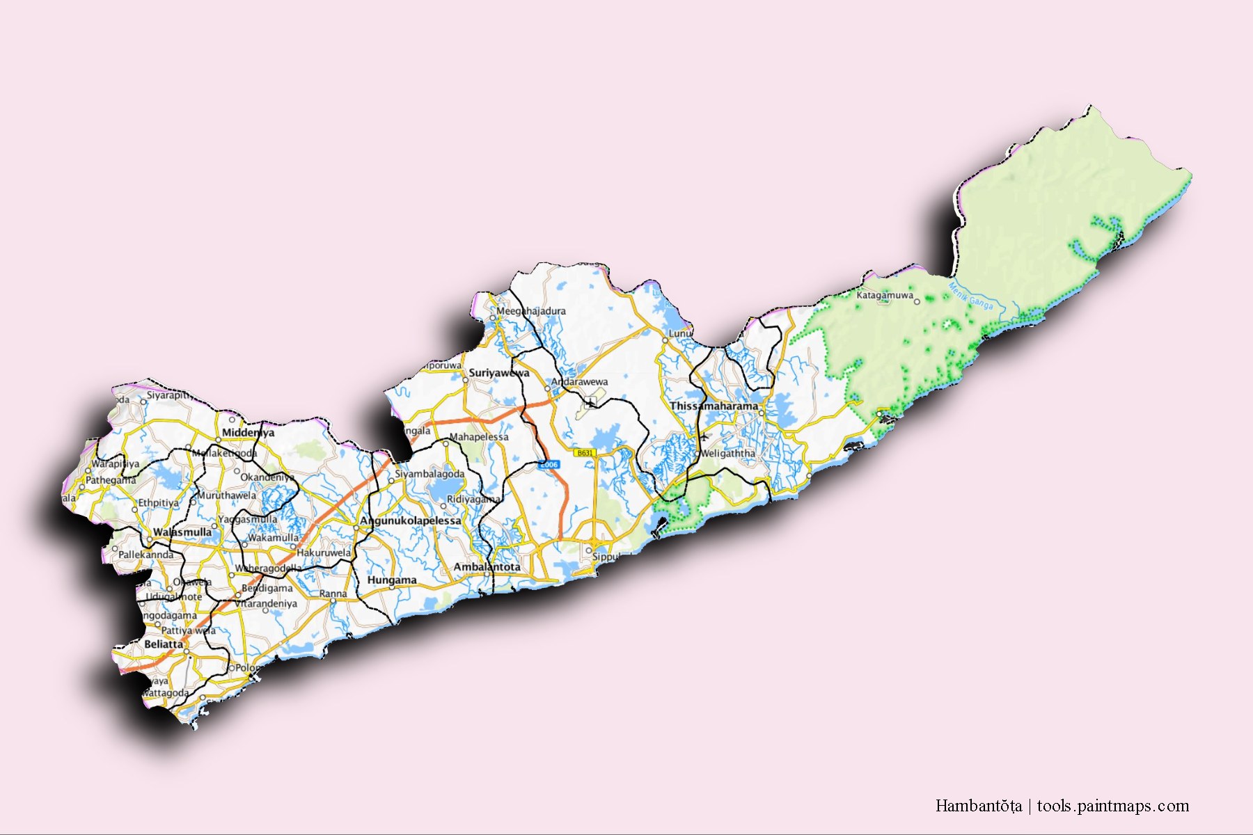 3D gölge efektli Hambantota District ve ilçeleri haritası
