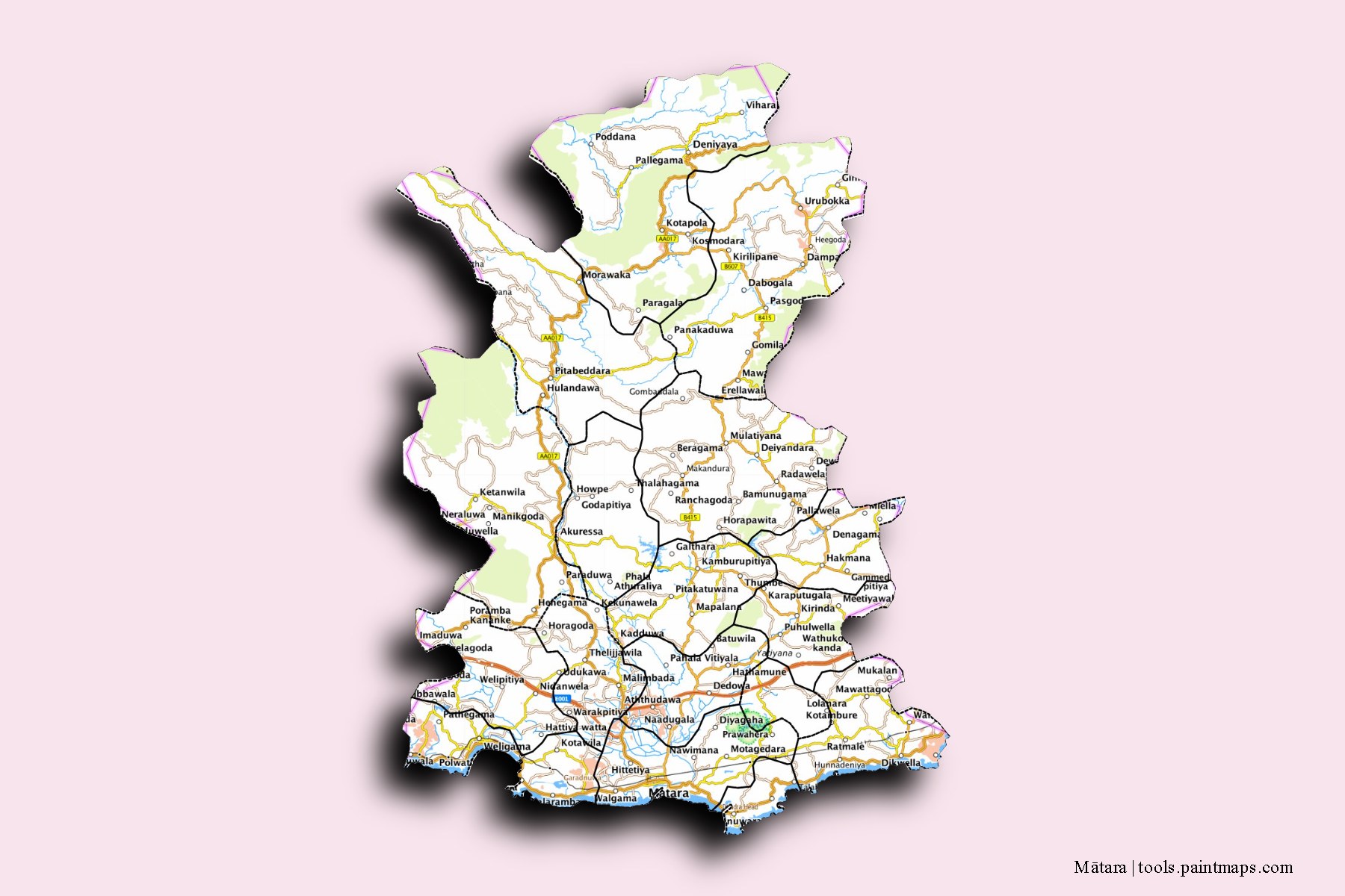 Mapa de Mātara y sus distritos con efecto de sombra 3D