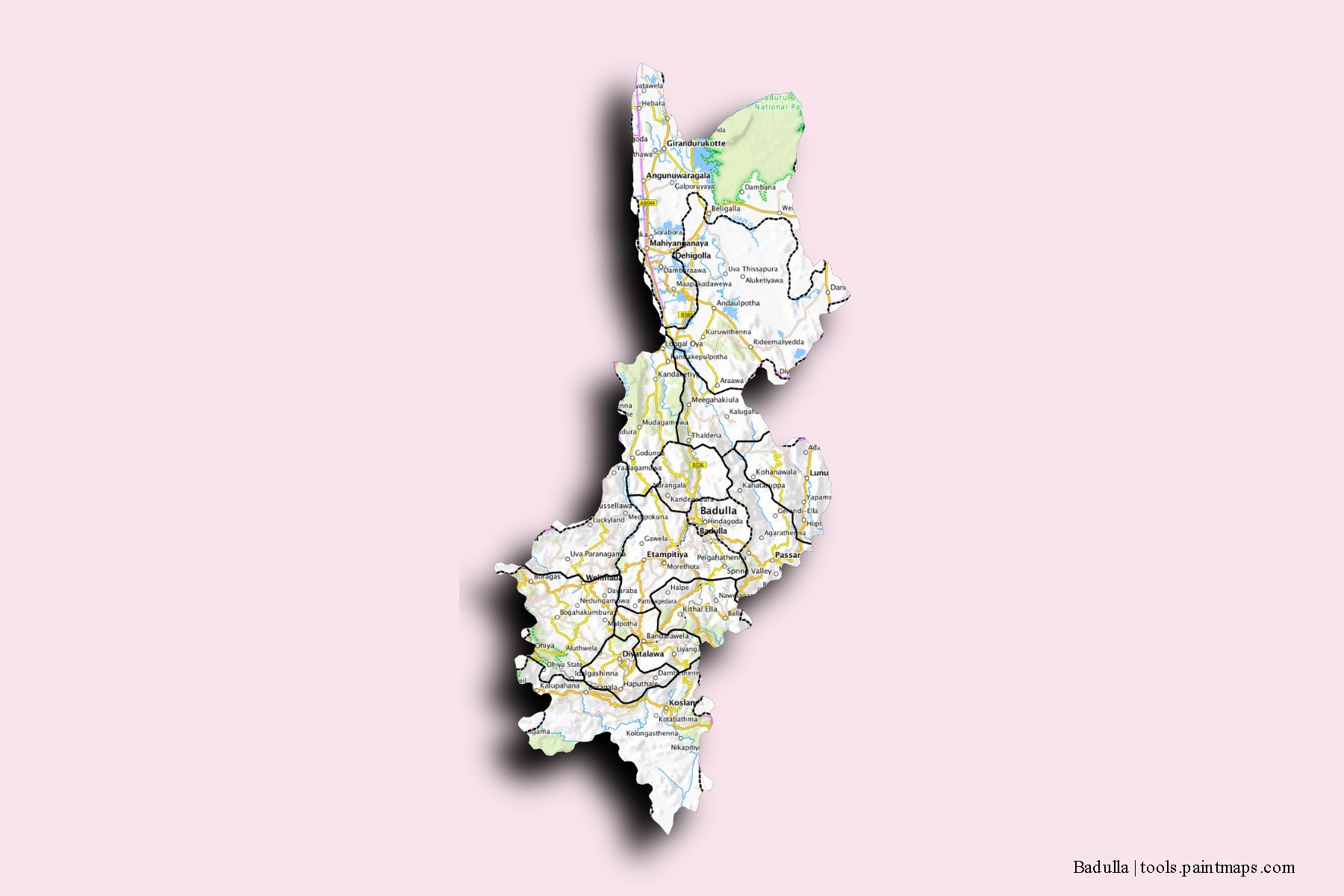 Badulla and counties map with 3D shadow effect