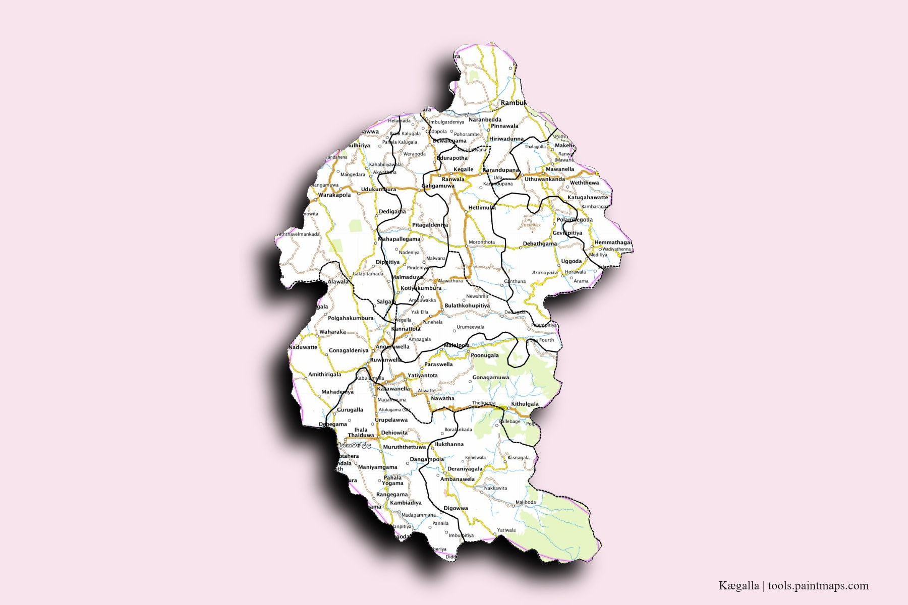 Kegalle and counties map with 3D shadow effect