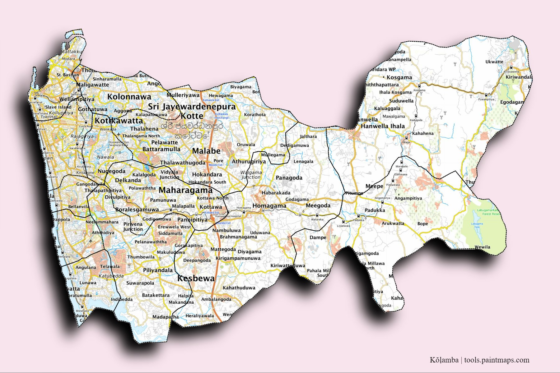 Mapa de Kŏḷamba y sus distritos con efecto de sombra 3D