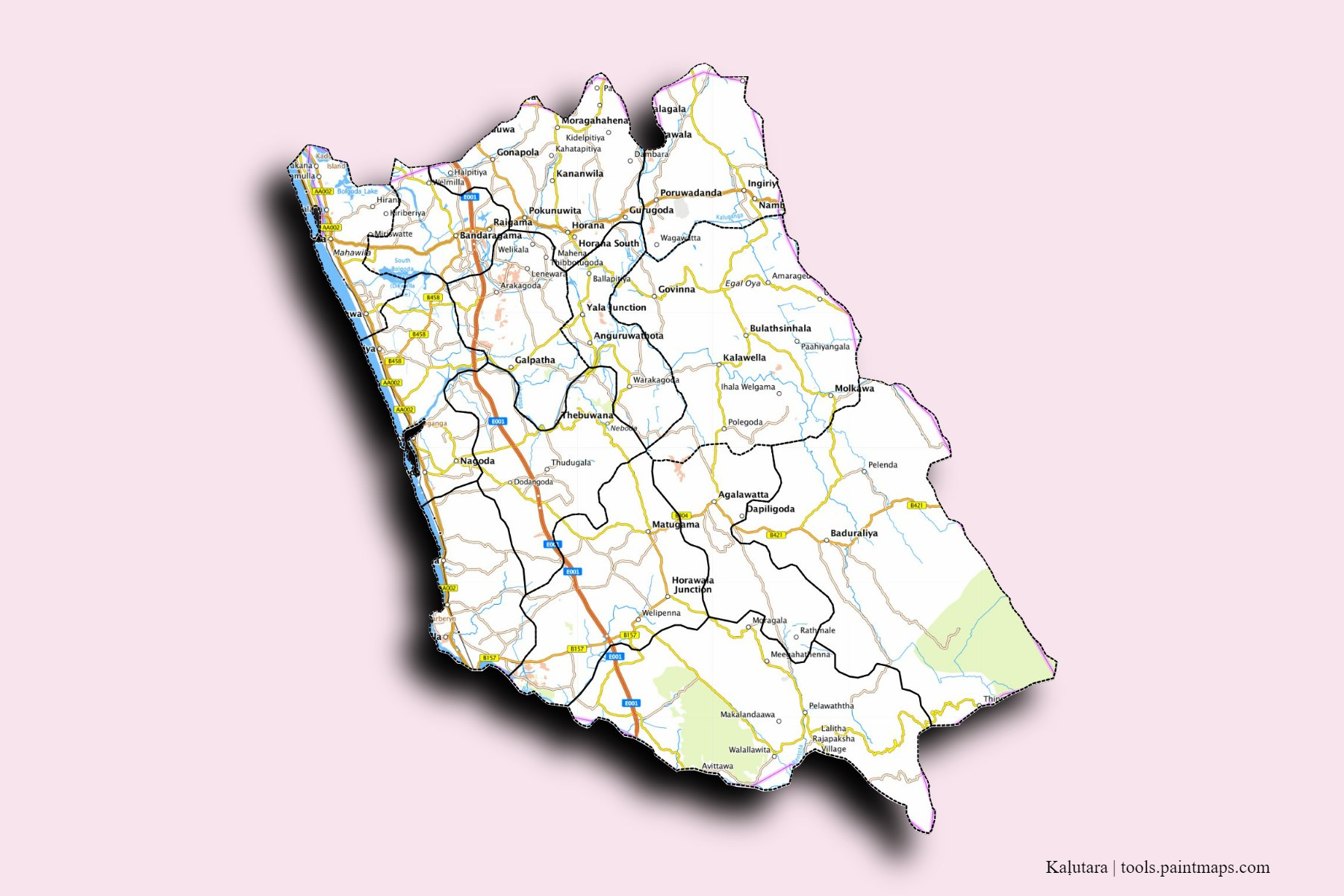 Kalutara and counties map with 3D shadow effect