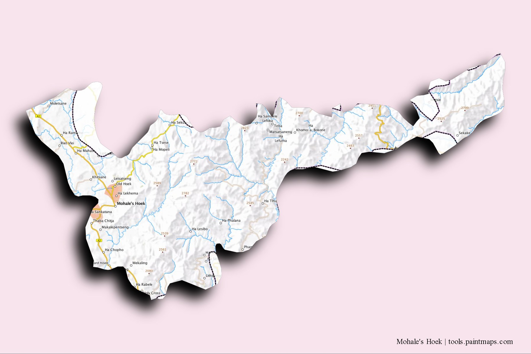 Mapa de Mohale's Hoek y sus distritos con efecto de sombra 3D