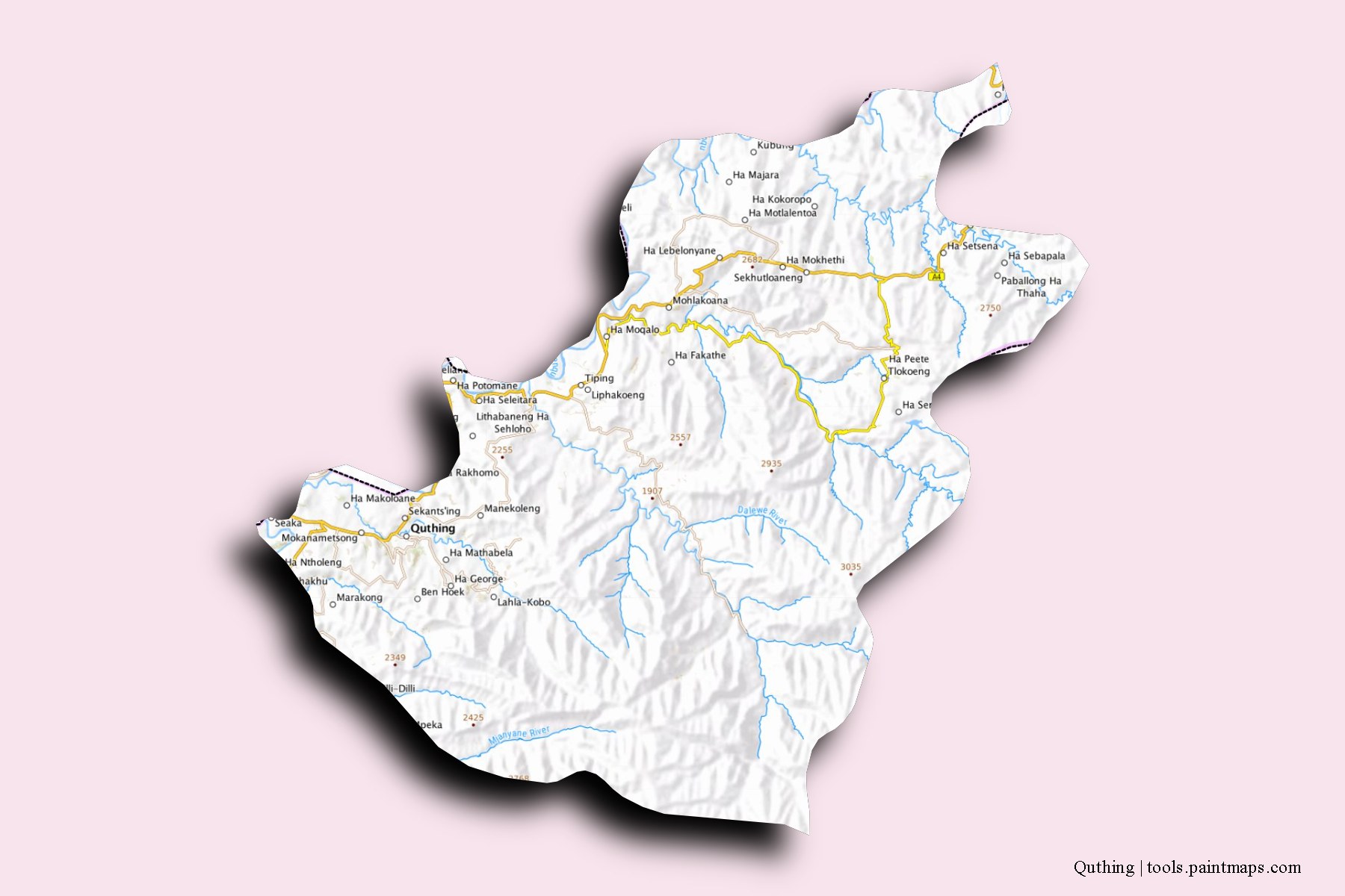 Quthing and counties map with 3D shadow effect