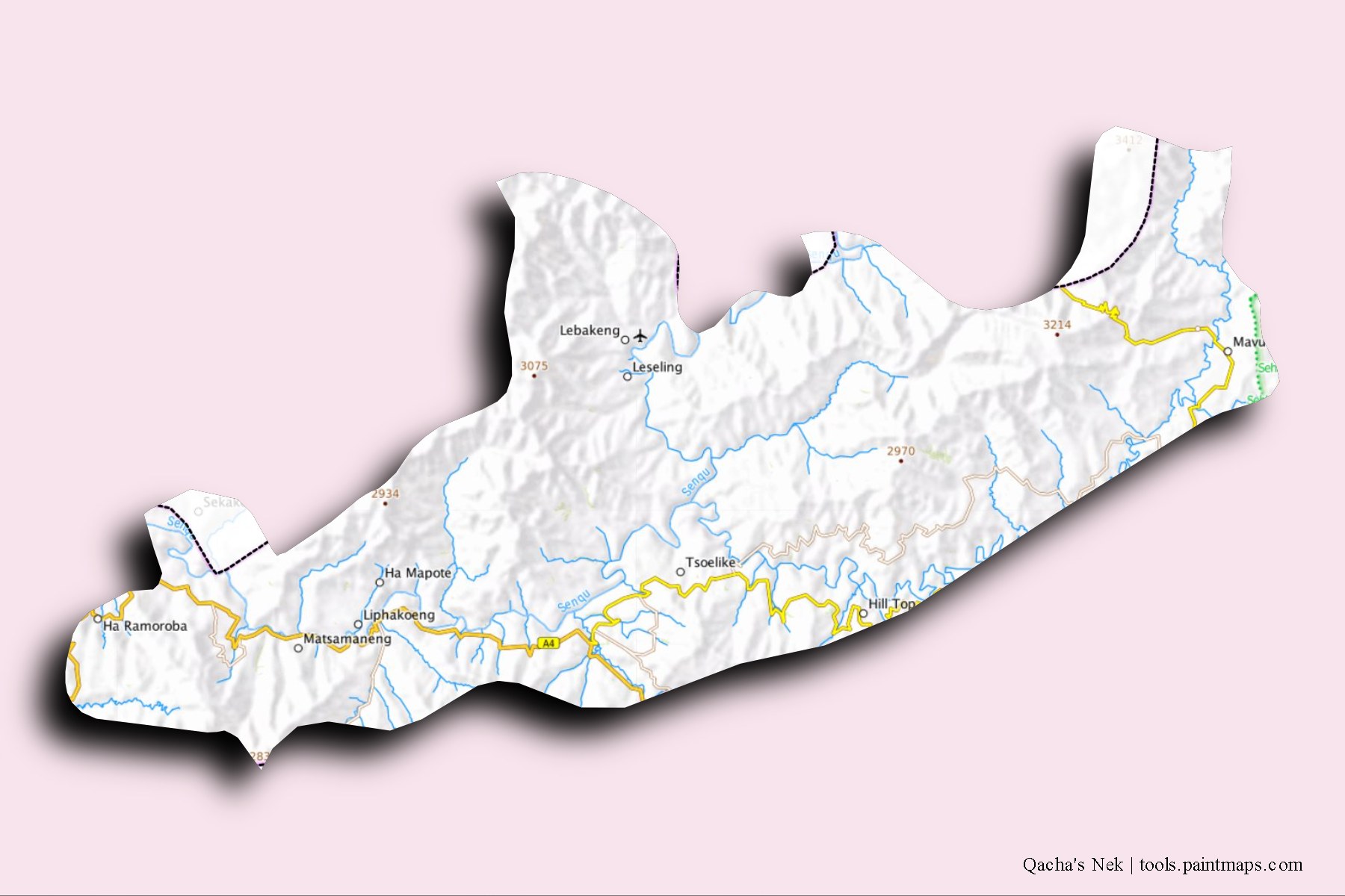 Qacha's Nek and counties map with 3D shadow effect