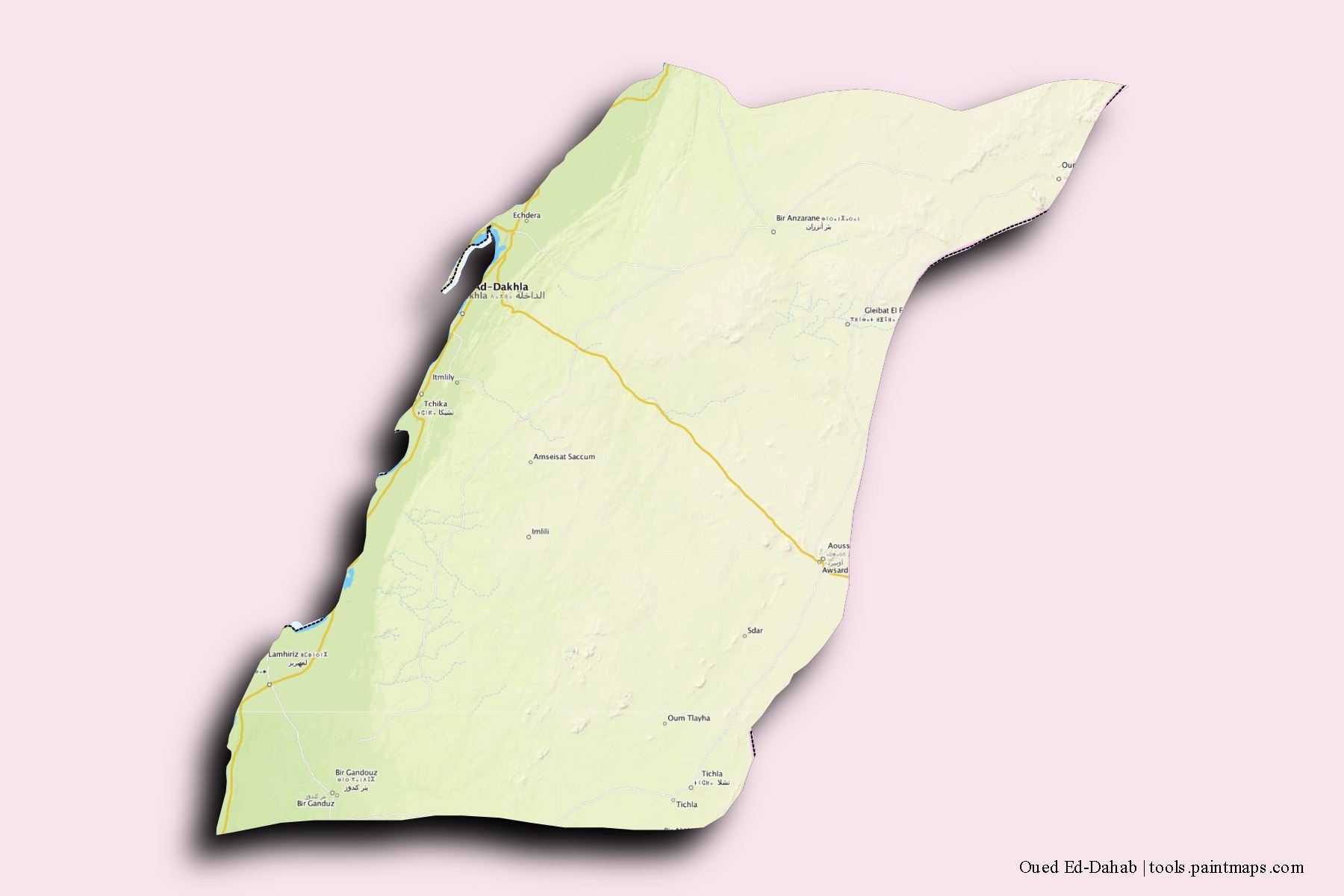 Oued Ed-Dahab and counties map with 3D shadow effect