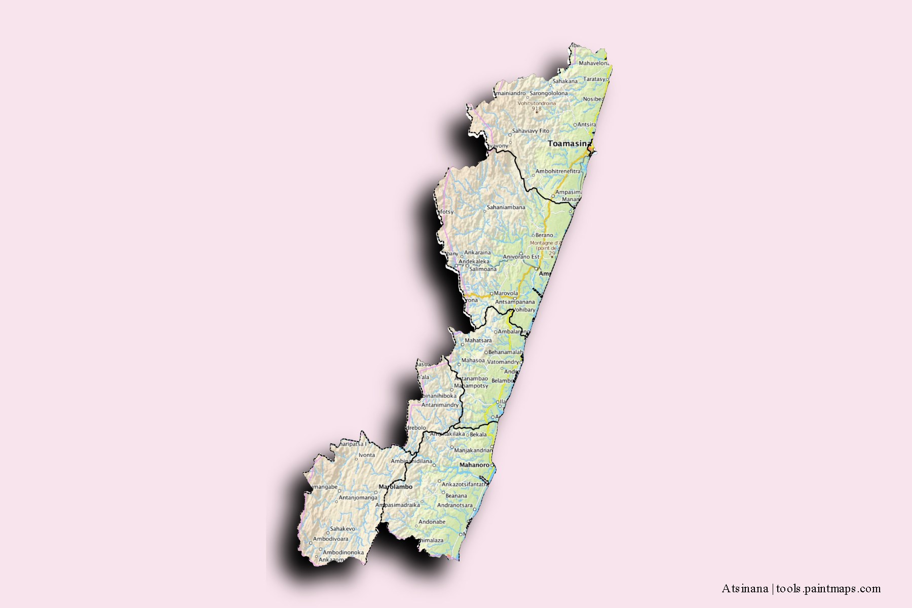 Toamasina and counties map with 3D shadow effect