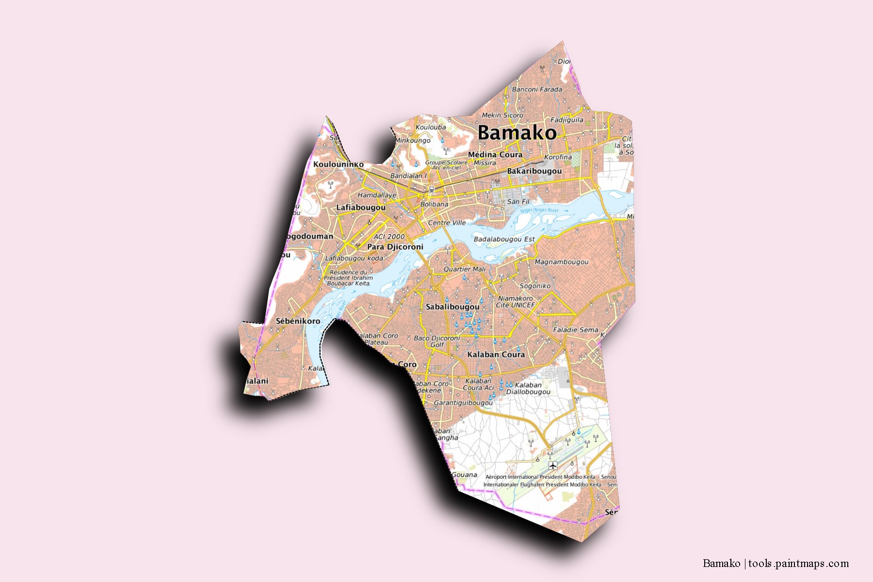 3D gölge efektli Bamako ve ilçeleri haritası